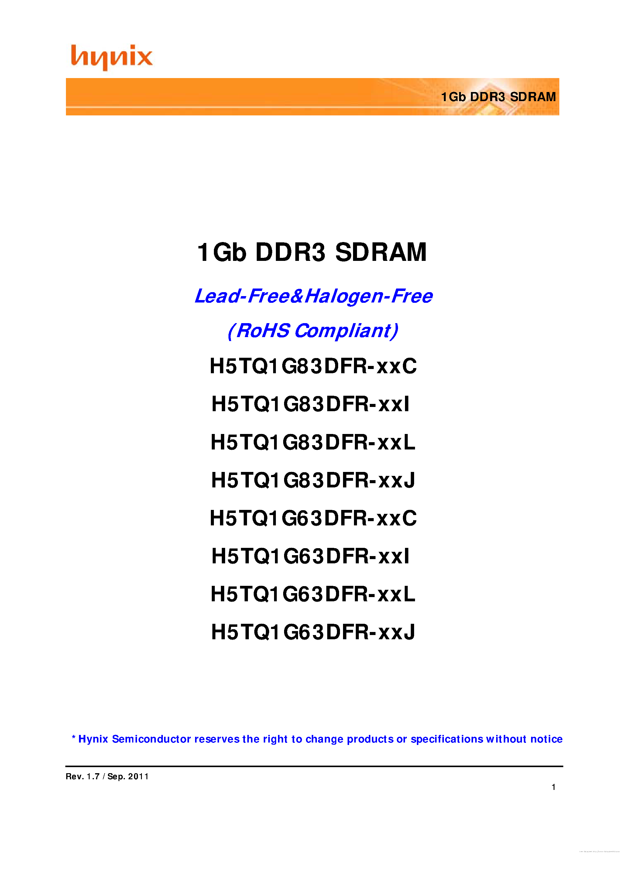 Даташит на микросхему H5TQ1G63DFR-xxC страница 1 Даташит H5TQ1G63DFR-xxC - страница 1