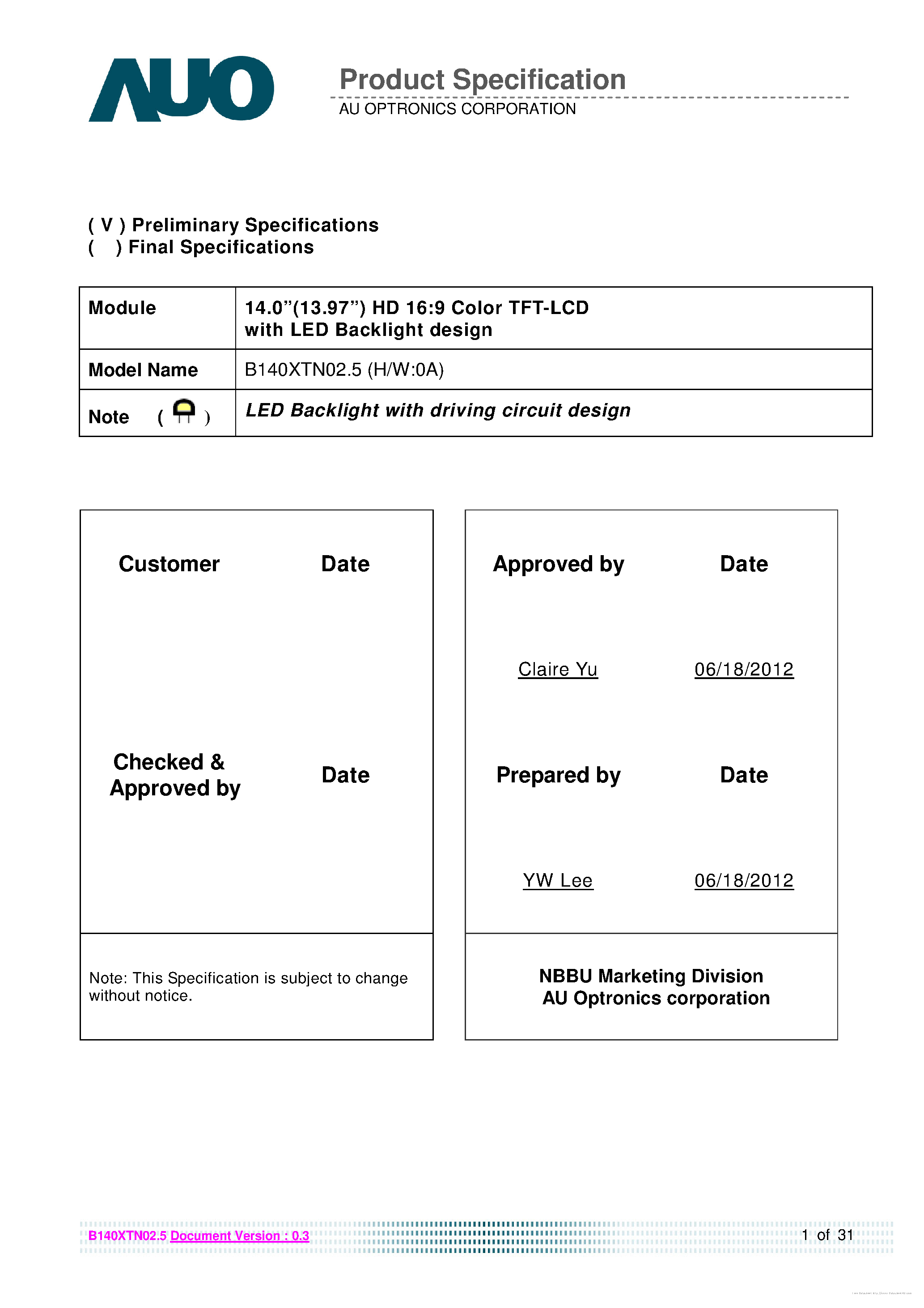 Datasheet B140XTN02.5 - page 1