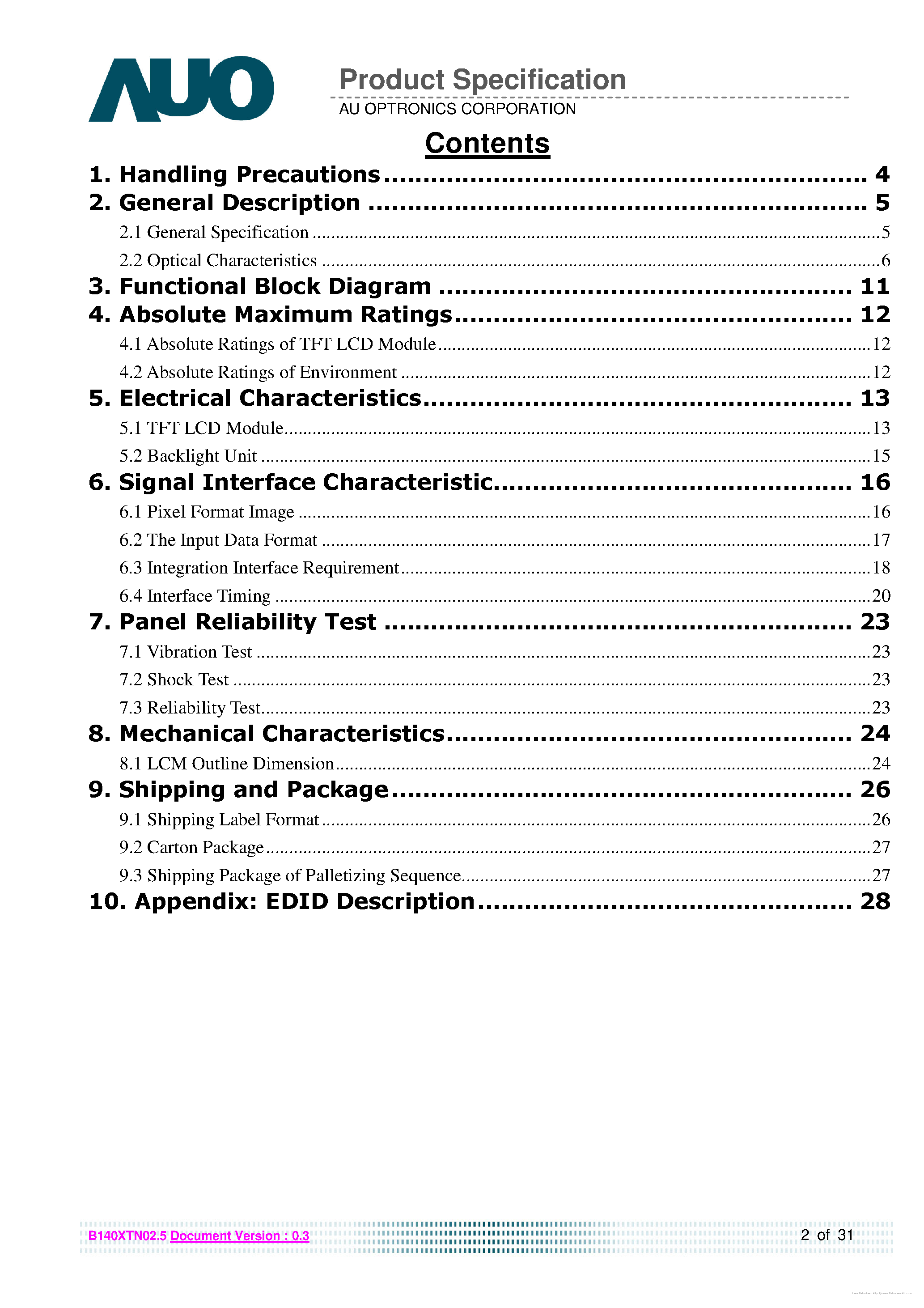Datasheet B140XTN02.5 - page 2