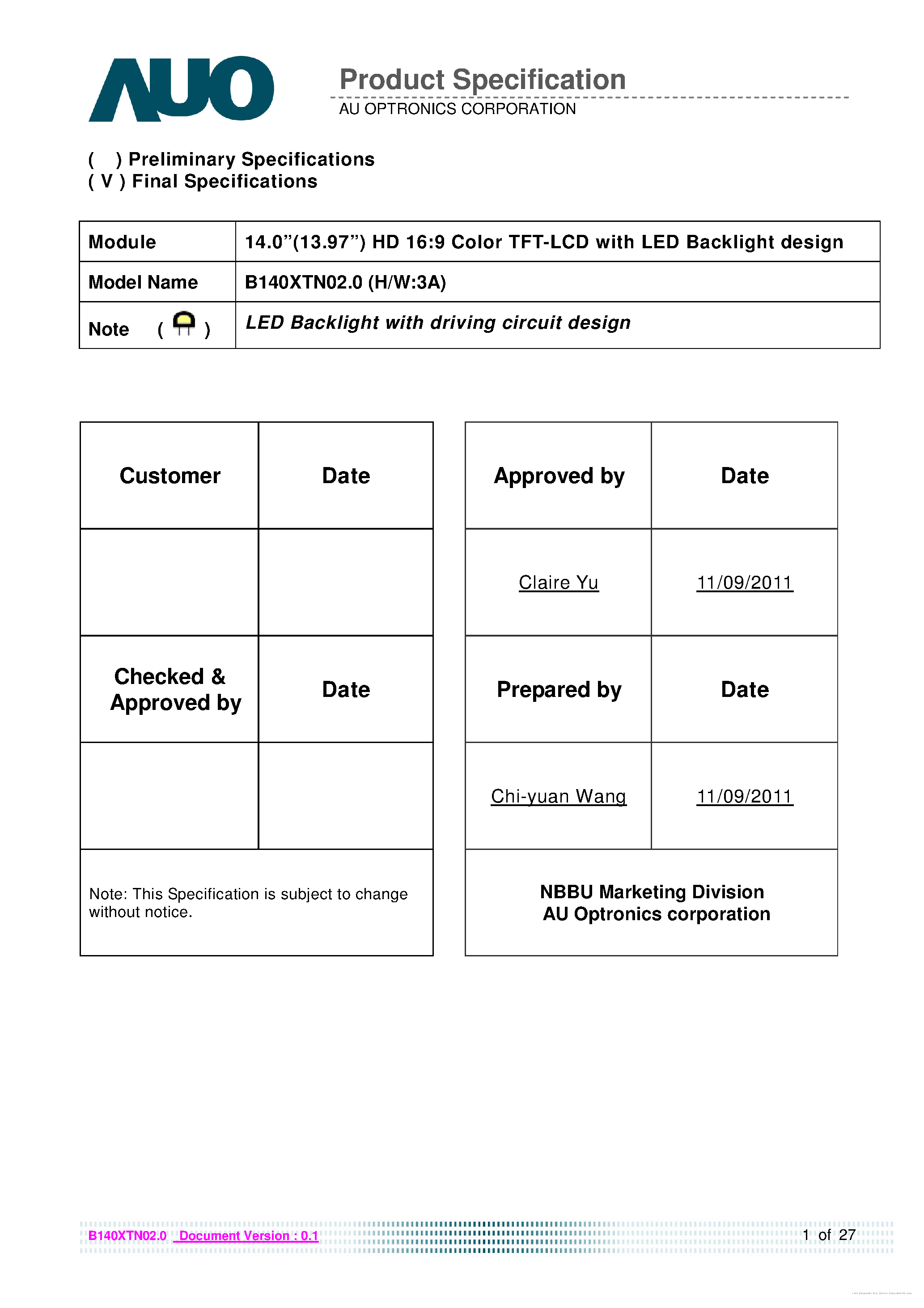 Datasheet B140XTN02.0 - page 1