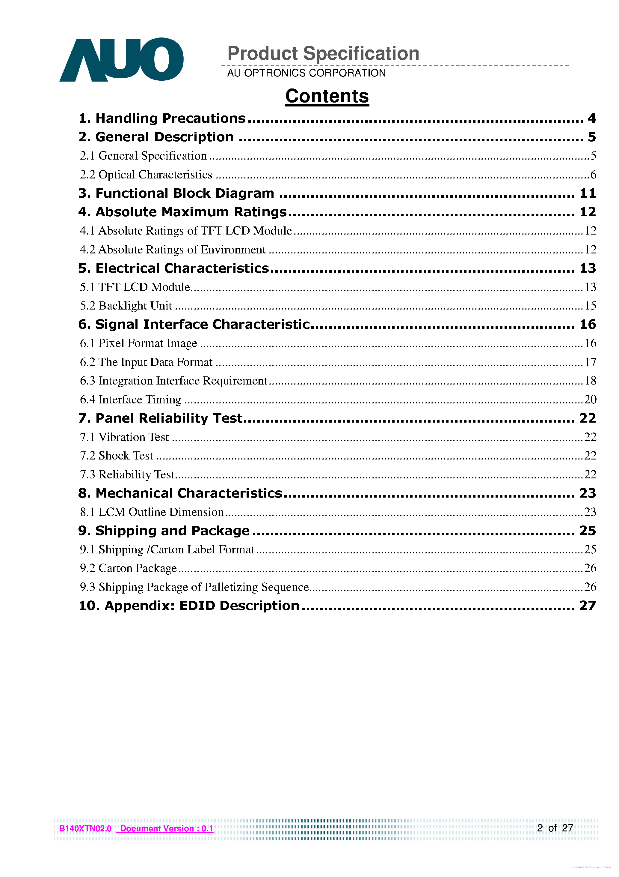 Datasheet B140XTN02.0 - page 2