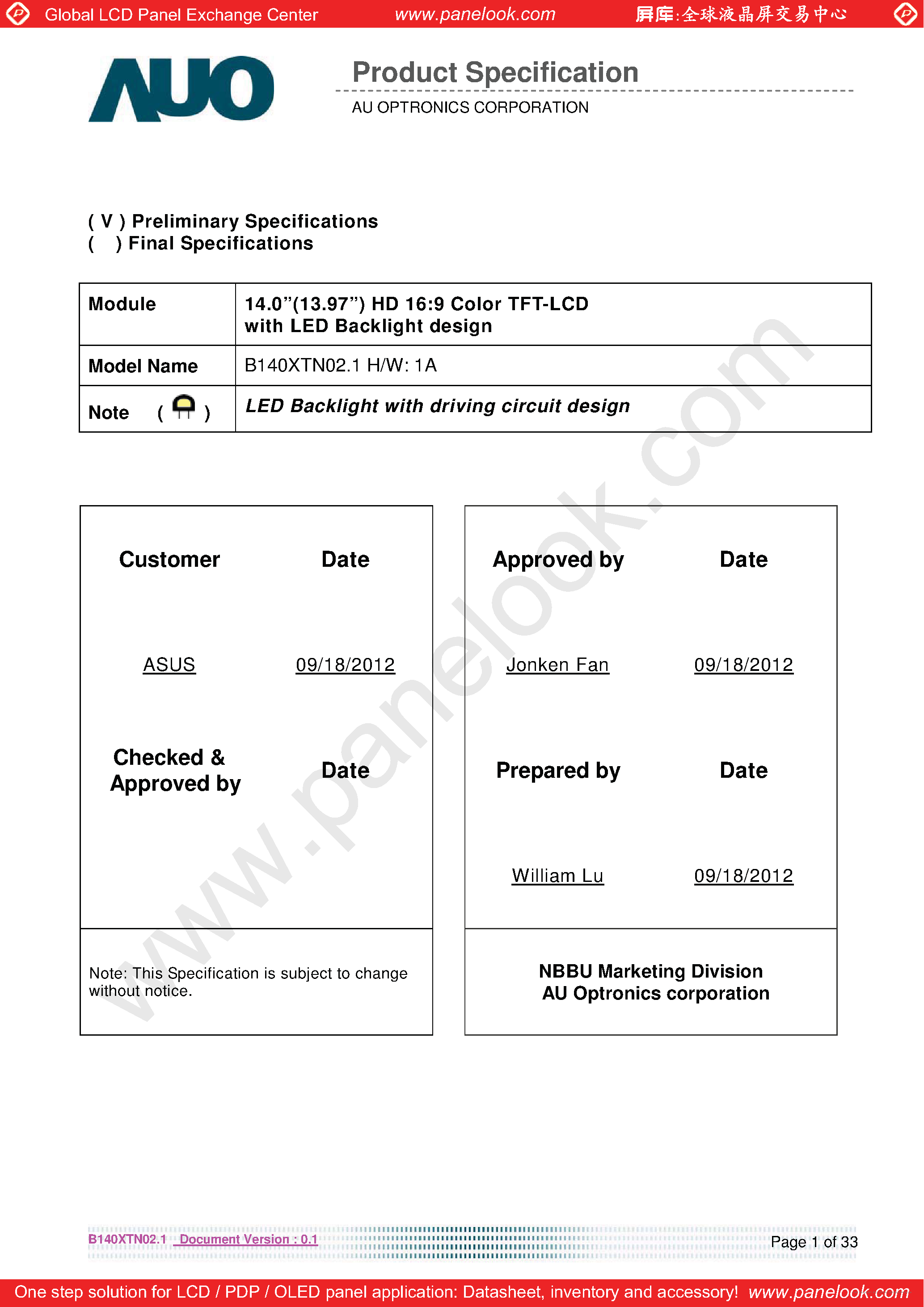 Datasheet B140XTN02.1 - page 1