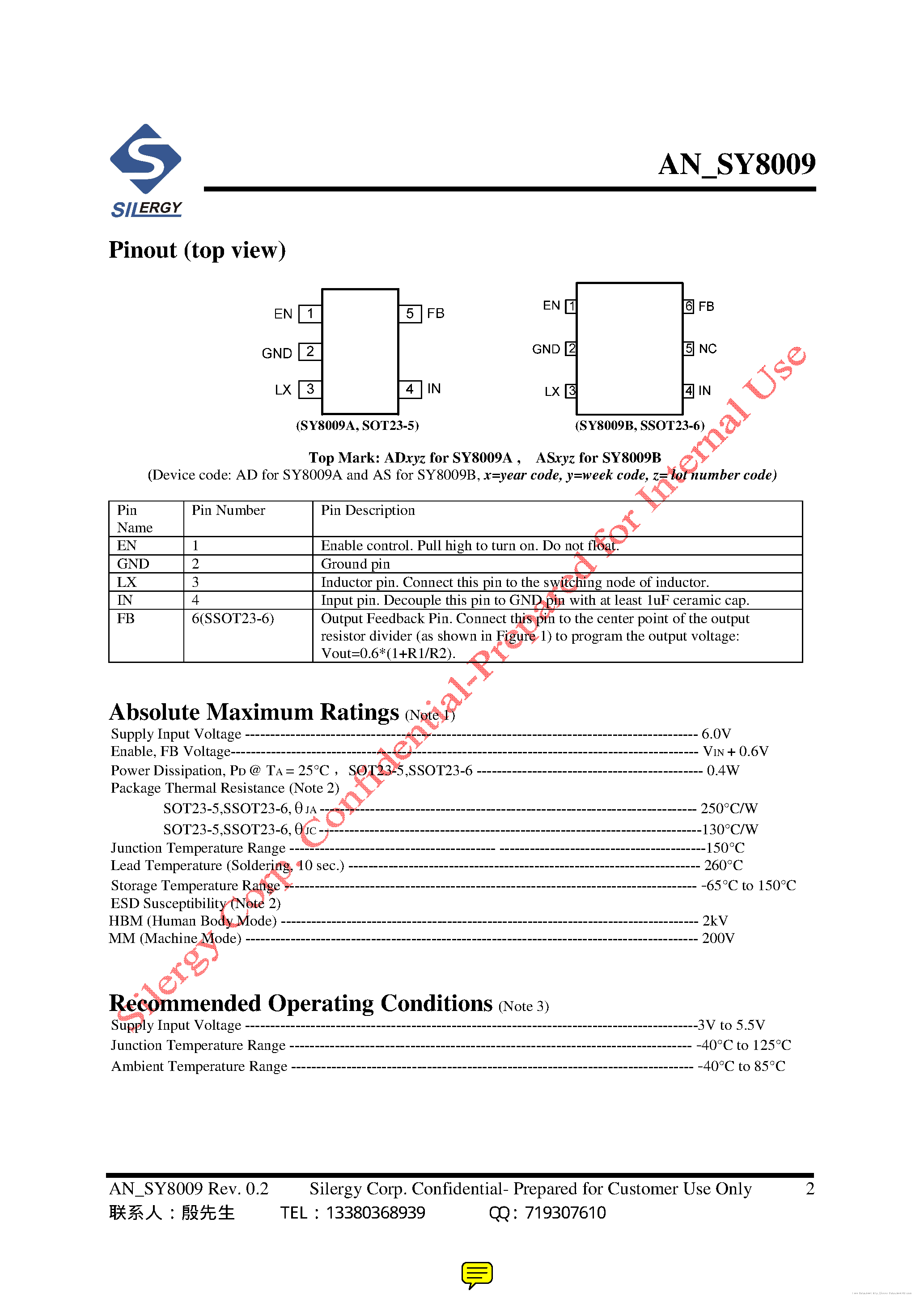 Даташит SY8009 - страница 2