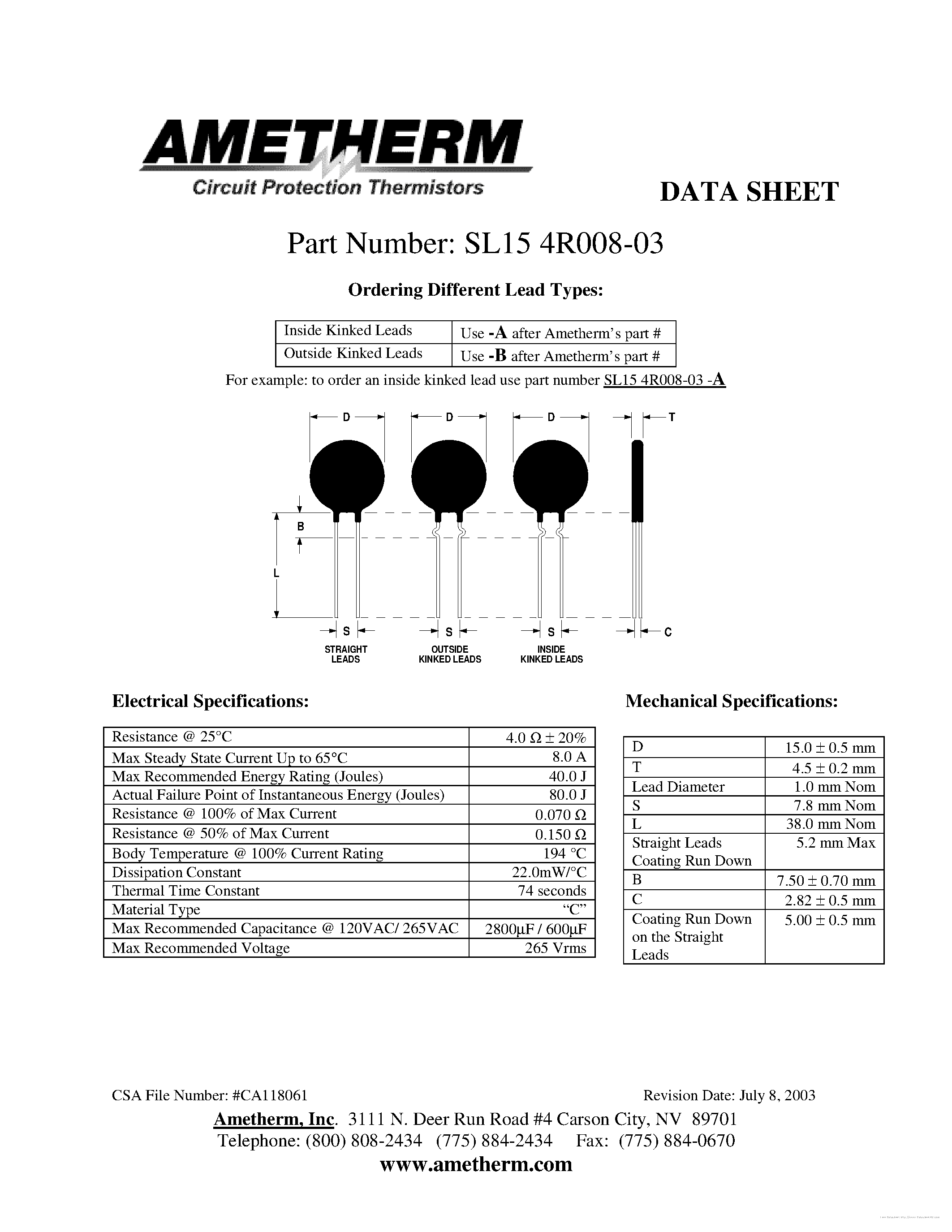 Datasheet SL154R008-03 page 1 Datasheet SL154R008-03 - page 1
