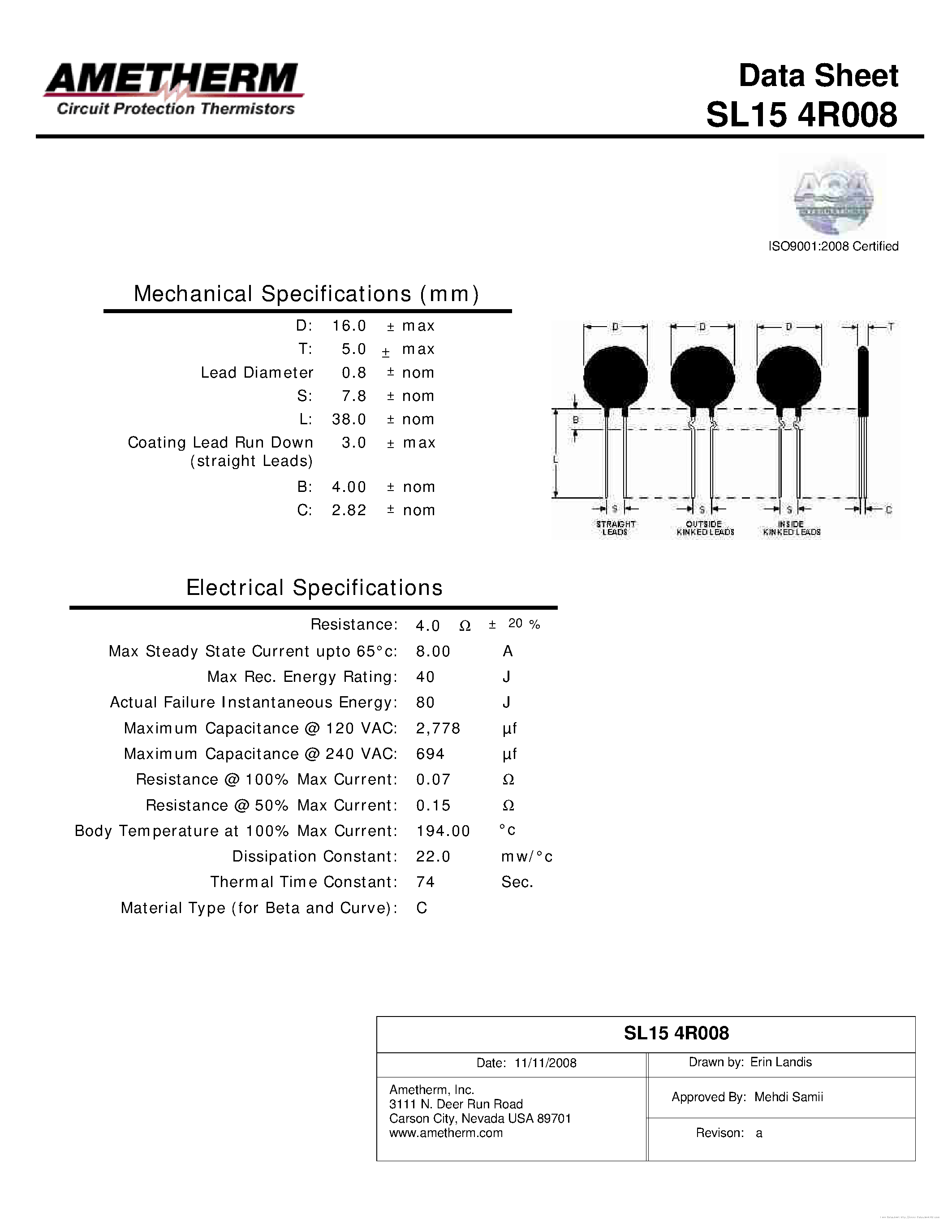 Datasheet SL154R008 page 1 Datasheet SL154R008 - page 1