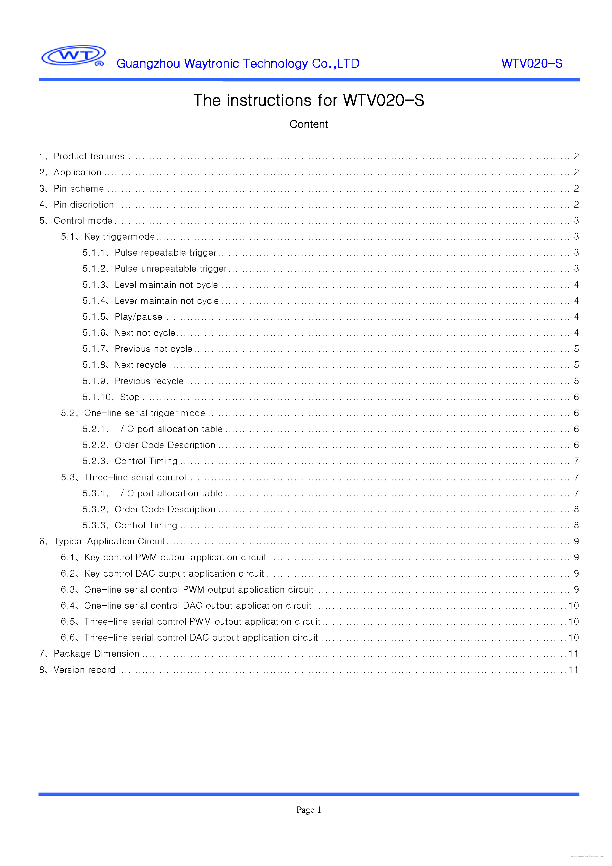 Datasheet WTV020-S page 1 Datasheet WTV020-S - page 1