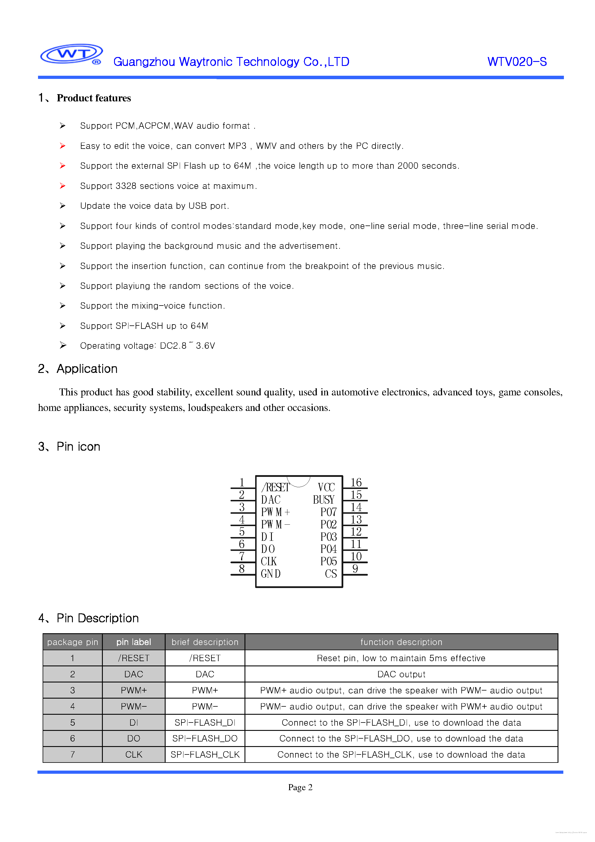 Datasheet WTV020-S page 2 Datasheet WTV020-S - page 2