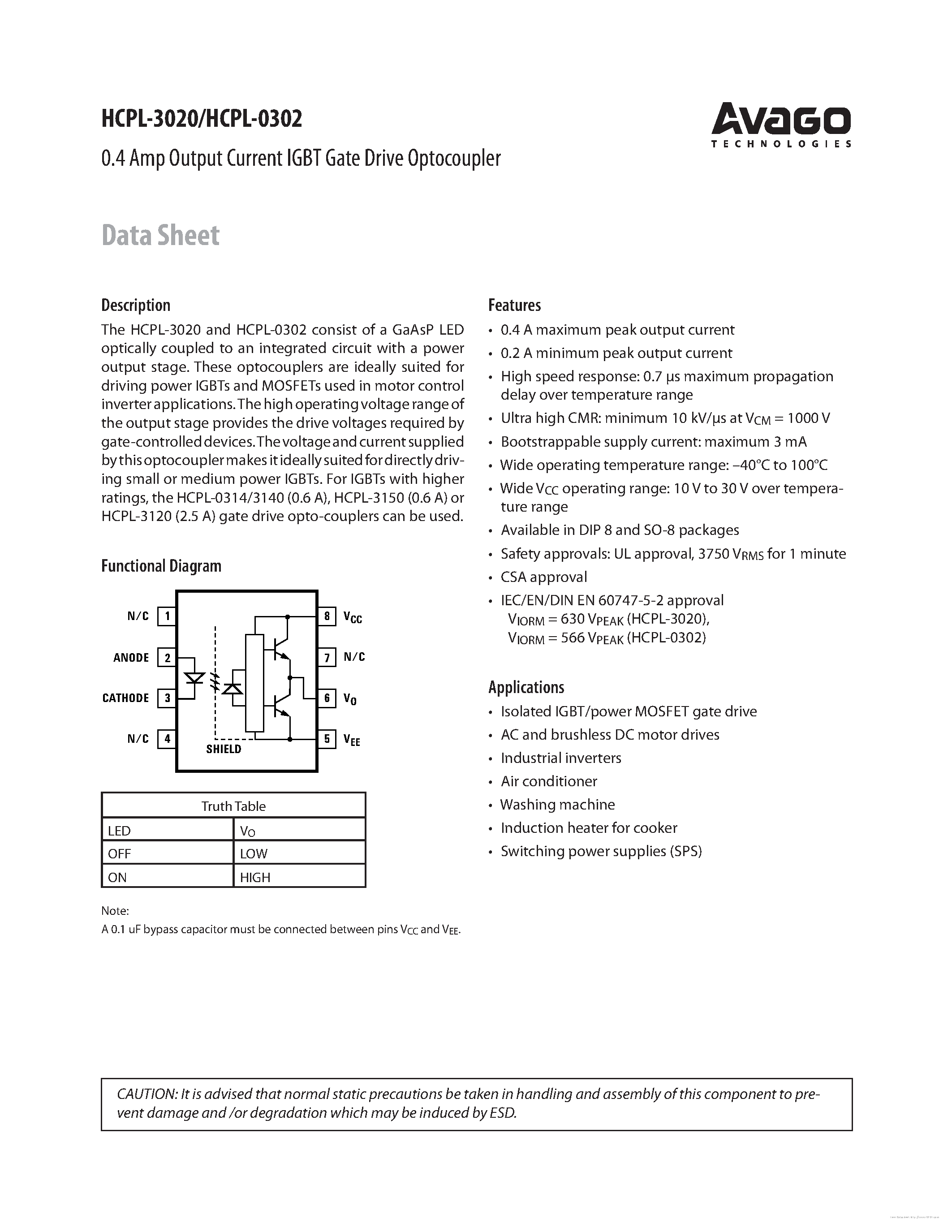 Даташит на микросхему HCPL-0302 страница 1 Даташит HCPL-0302 - страница 1