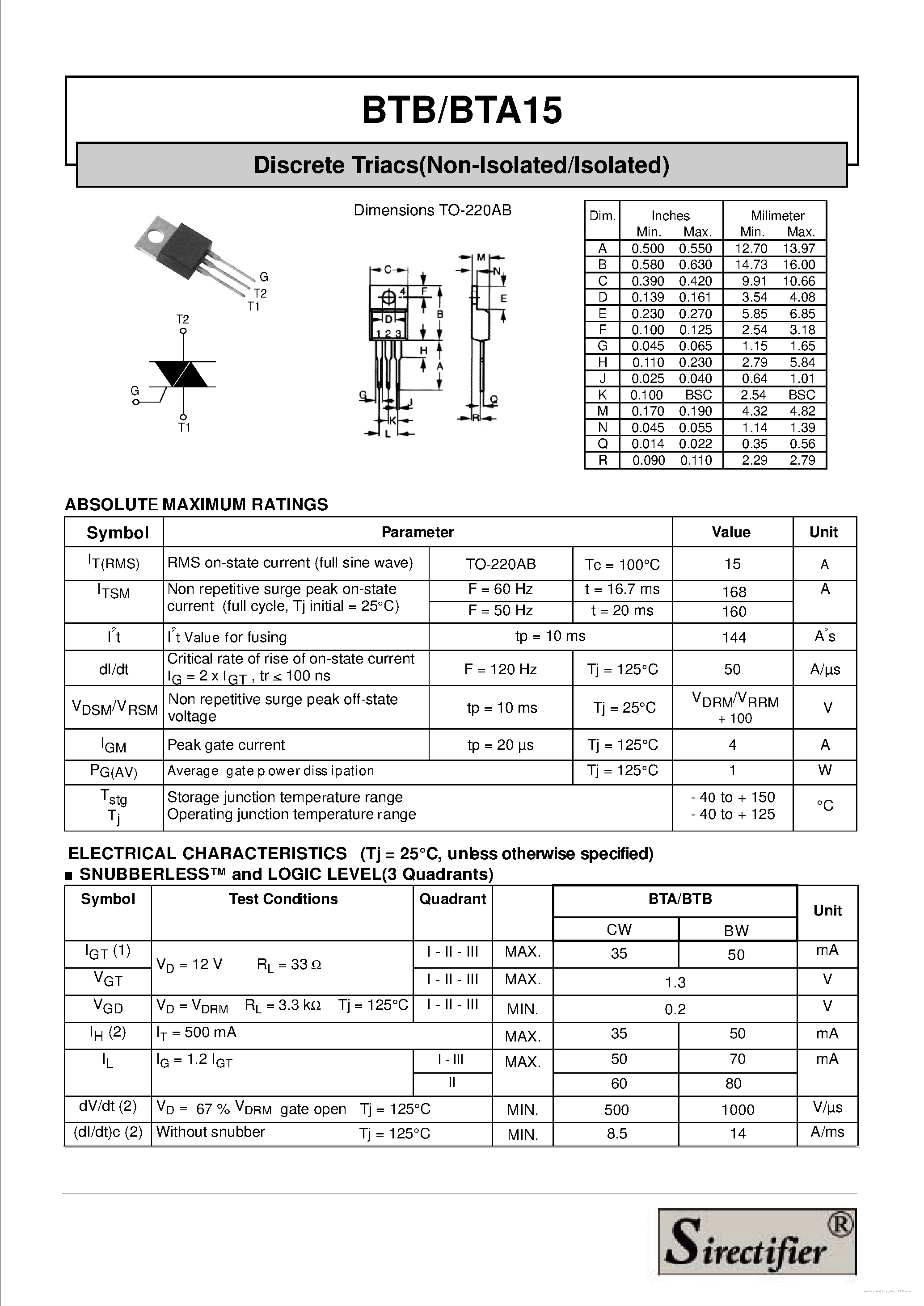 Datasheet BTA15 - page 1