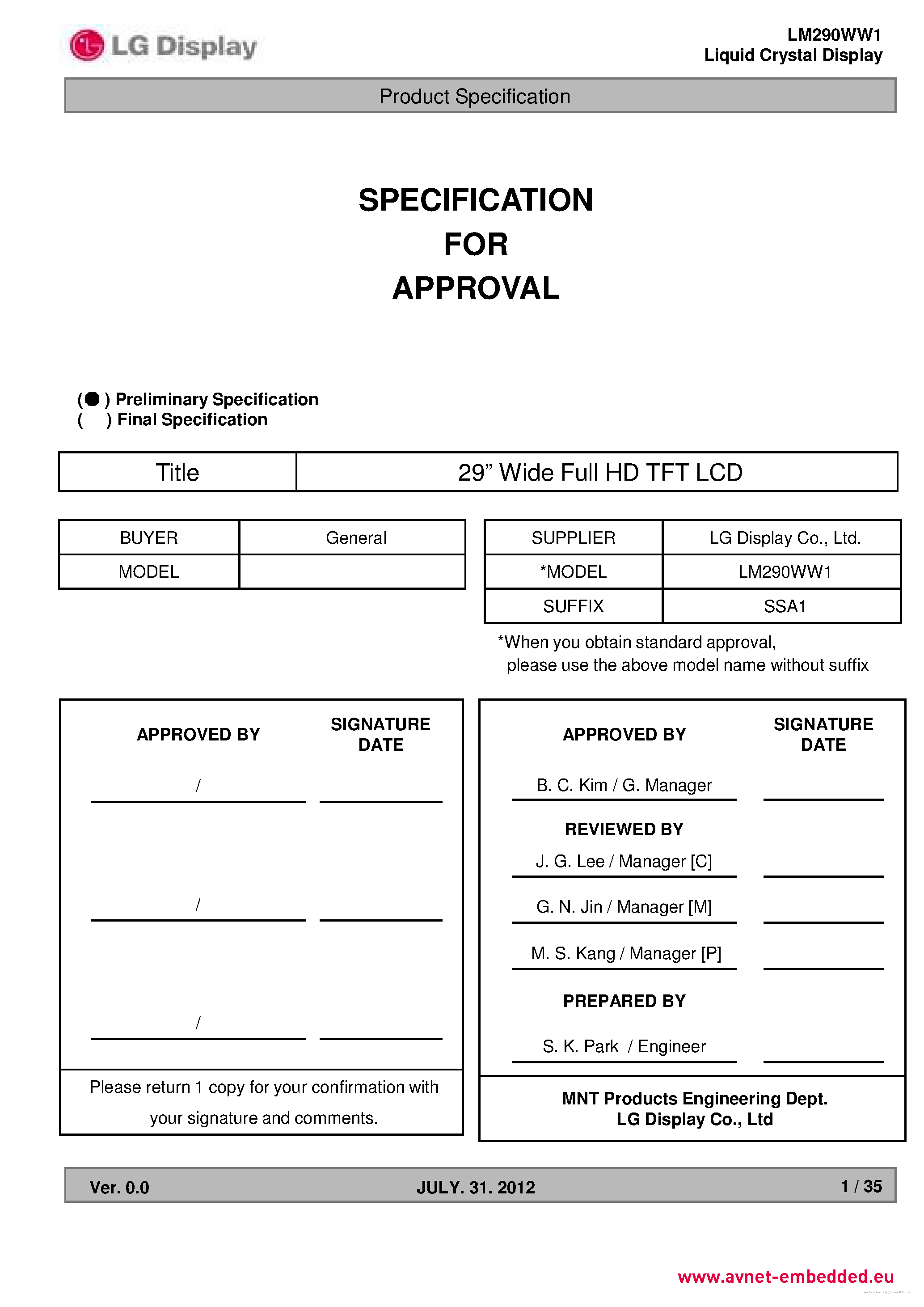Даташит LM290WW1-SSA1 - страница 2
