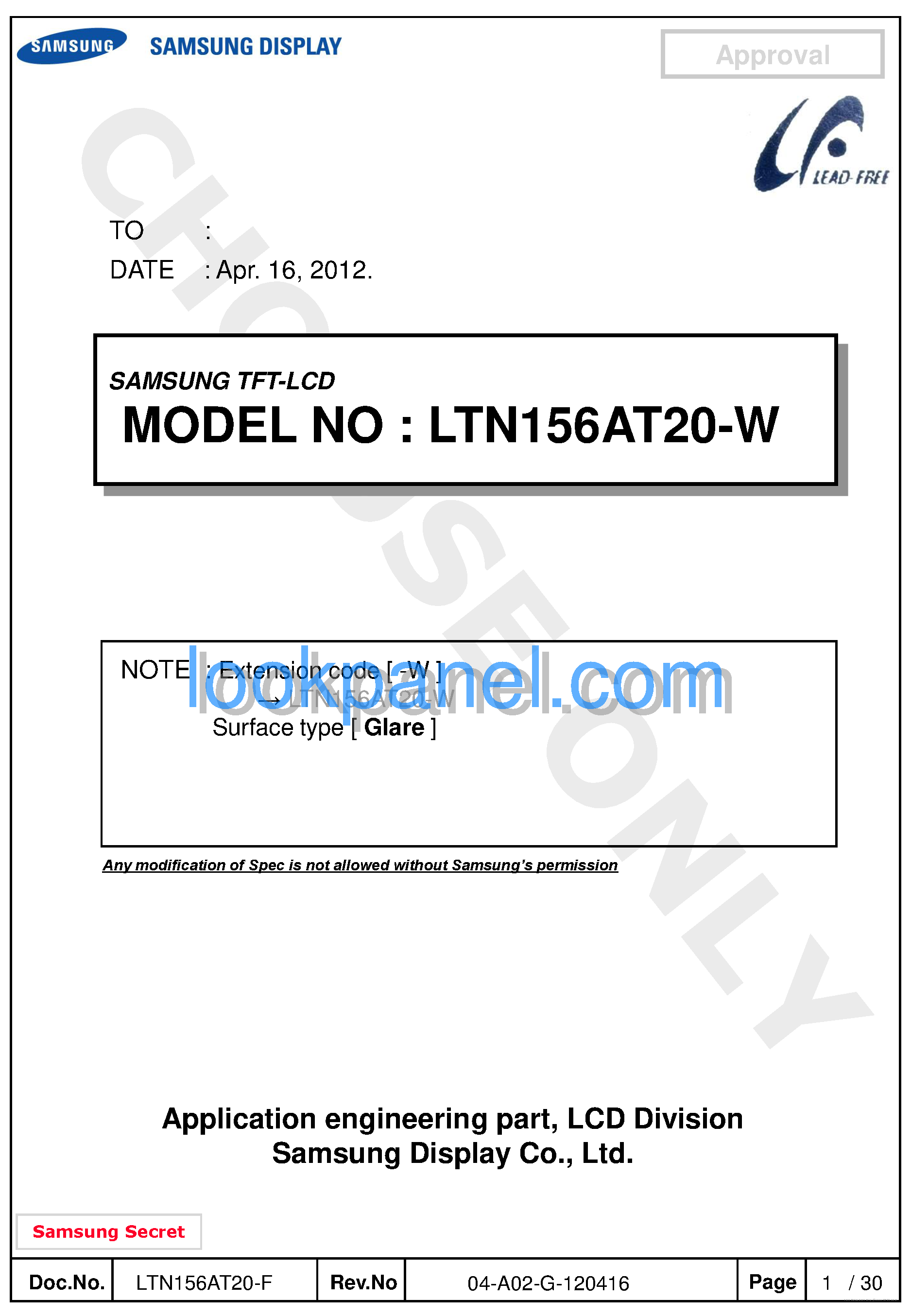 Datasheet LTN156AT20-W - page 1