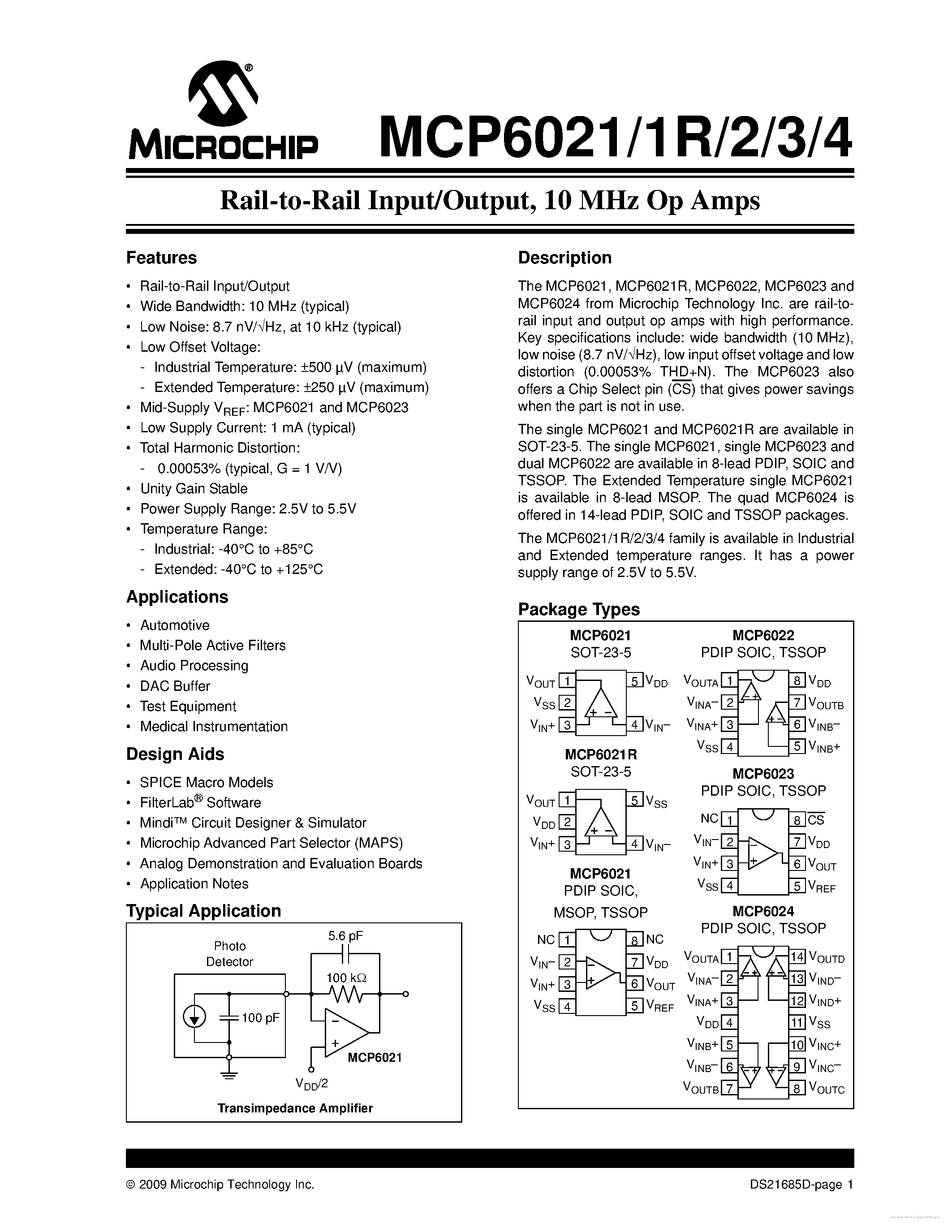 Даташит на микросхему MCP6021 страница 1 Даташит MCP6021 - страница 1