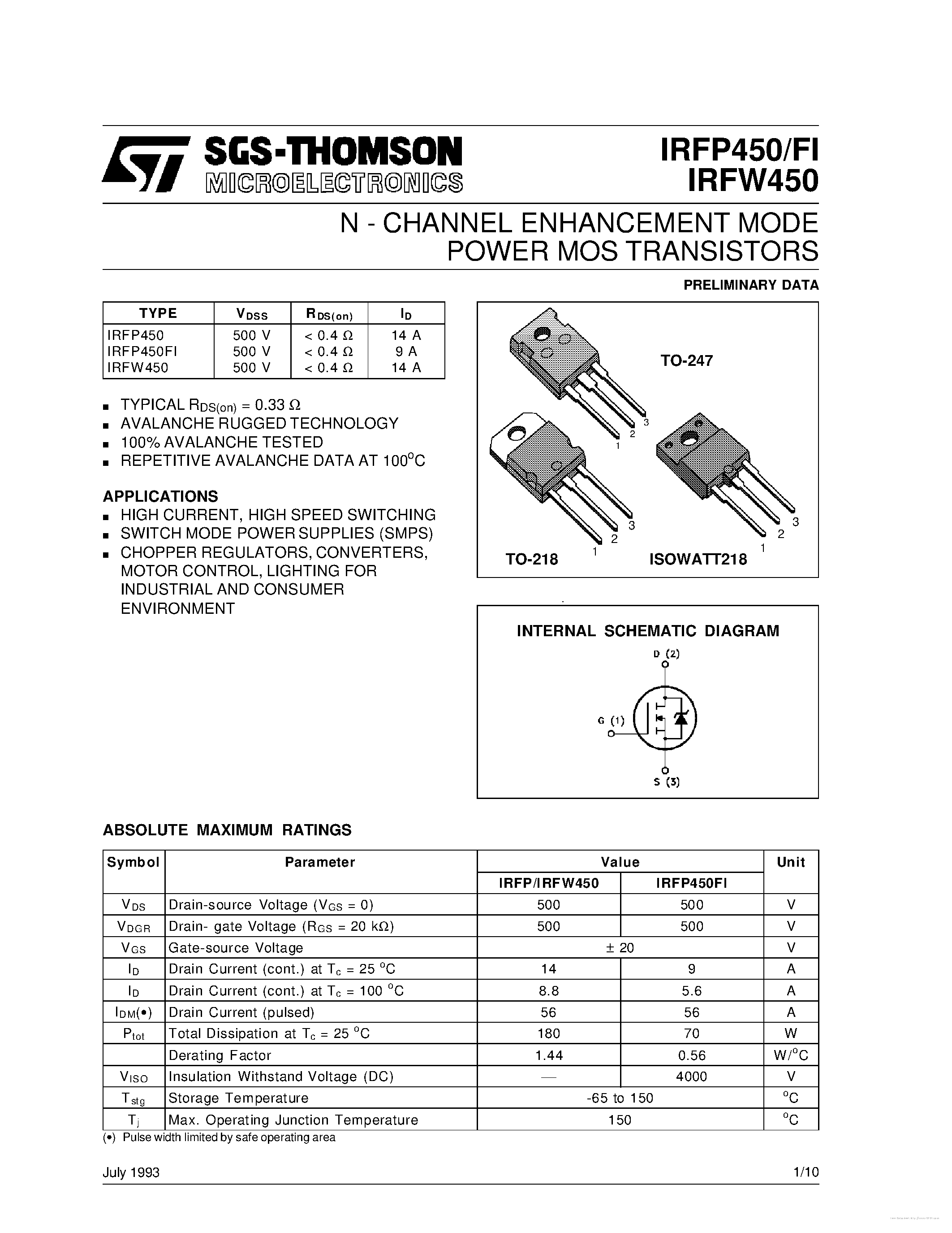 Datasheet IRFP450FI - page 1