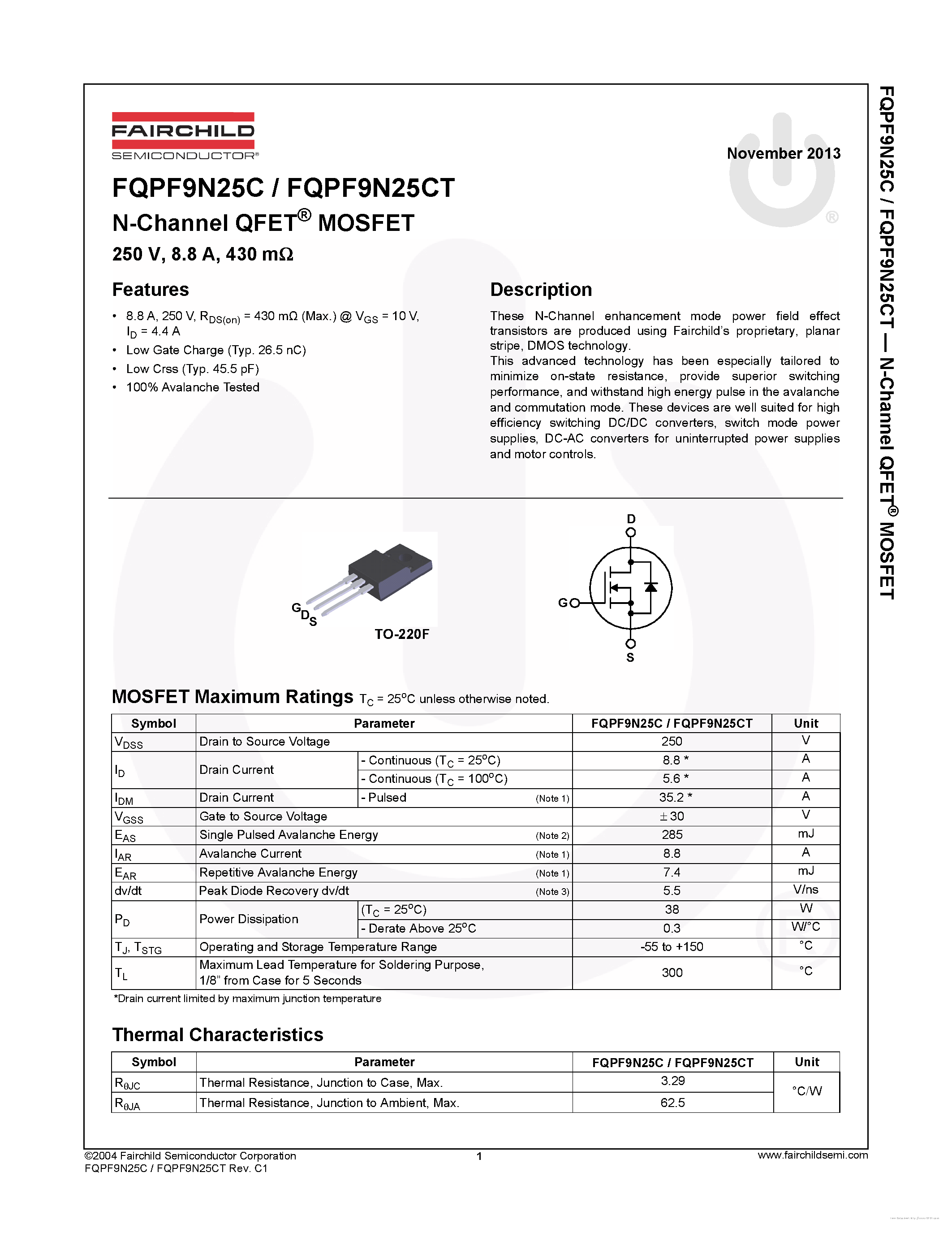 Datasheet FQPF9N25C page 1 Datasheet FQPF9N25C - page 1