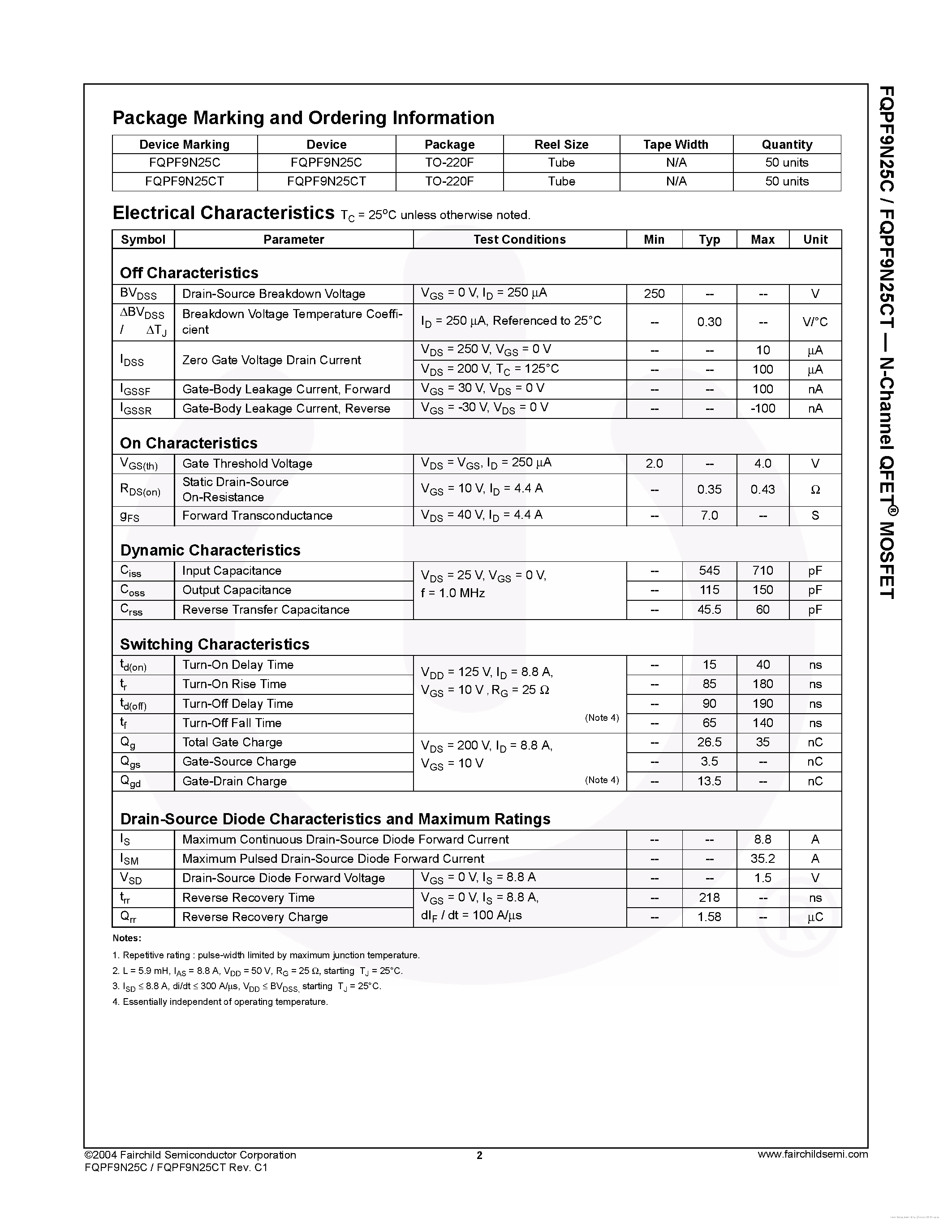 Datasheet FQPF9N25C page 2 Datasheet FQPF9N25C - page 2