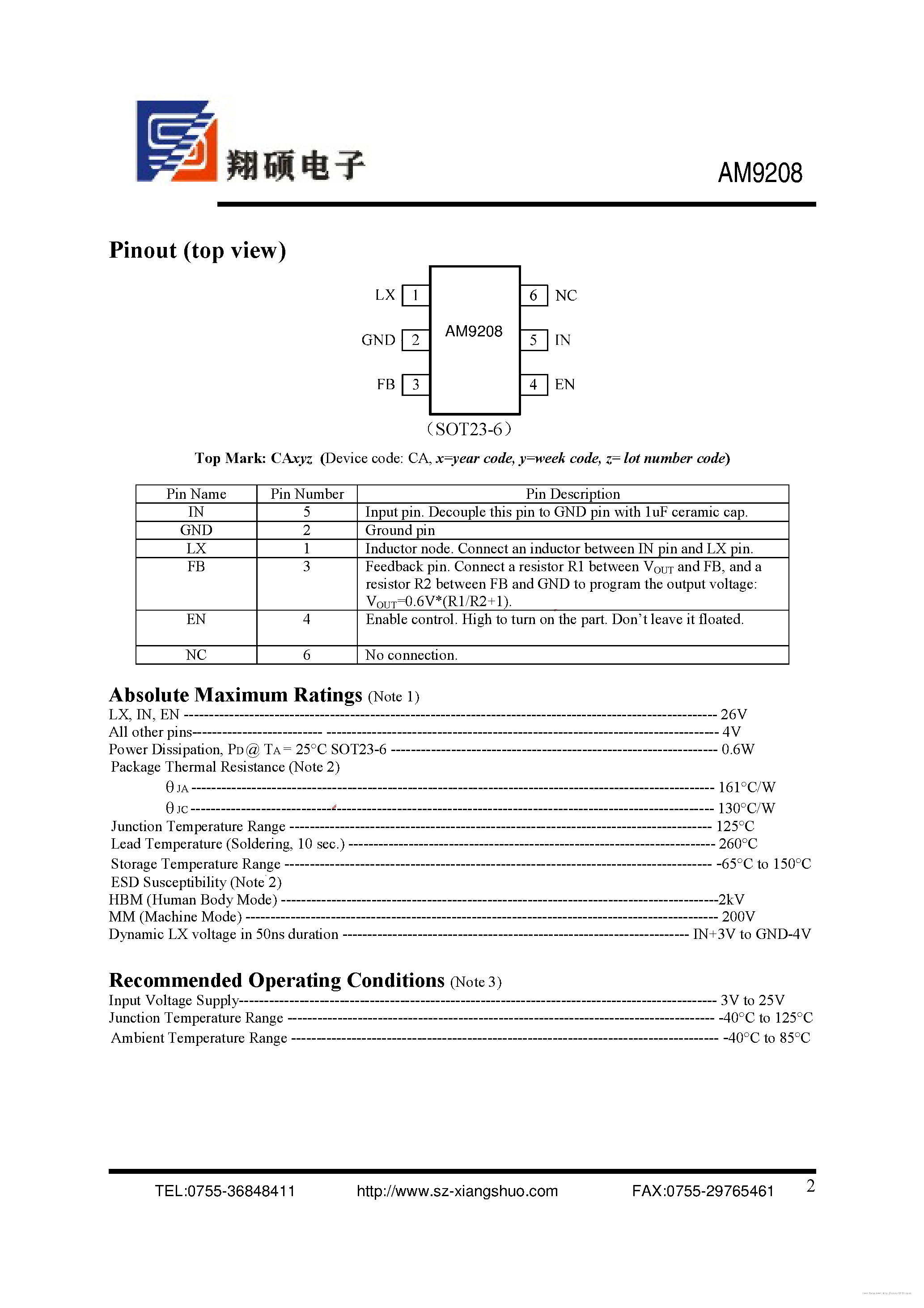 Datasheet AM9208 page 2 Datasheet AM9208 - page 2
