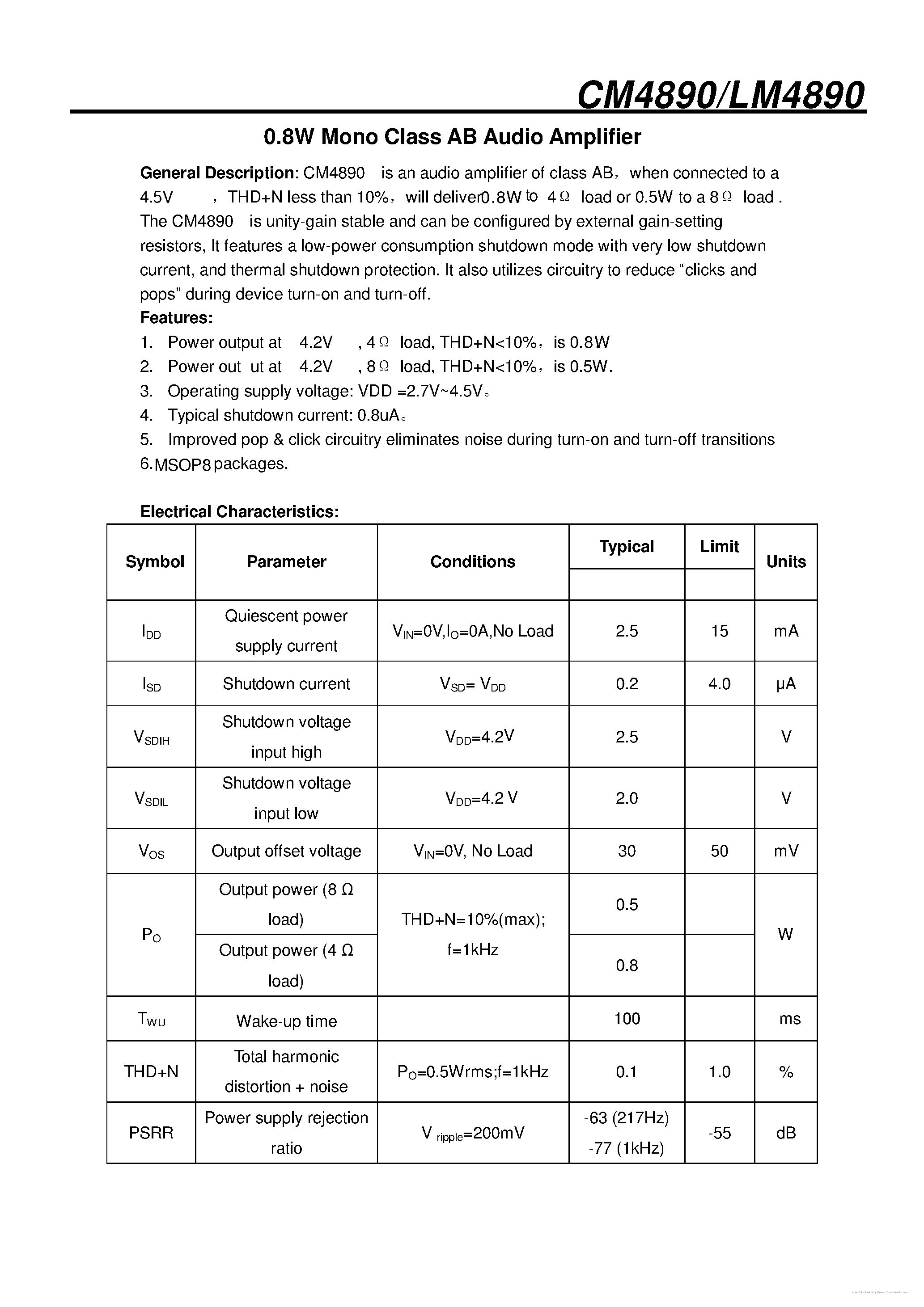 Даташит на микросхему LM4890 страница 1 Даташит LM4890 - страница 1