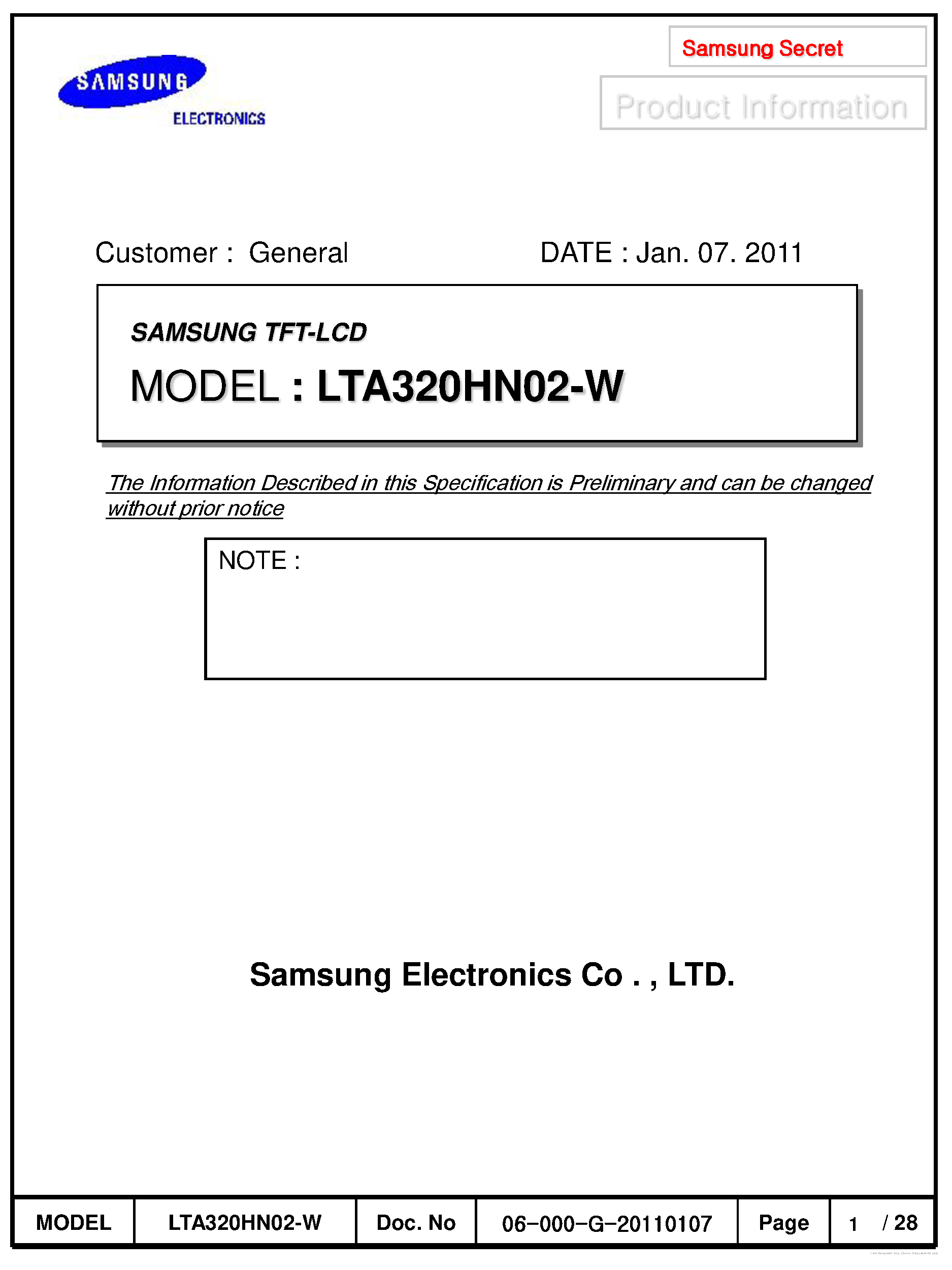 Datasheet LTA320HN02-W - page 1