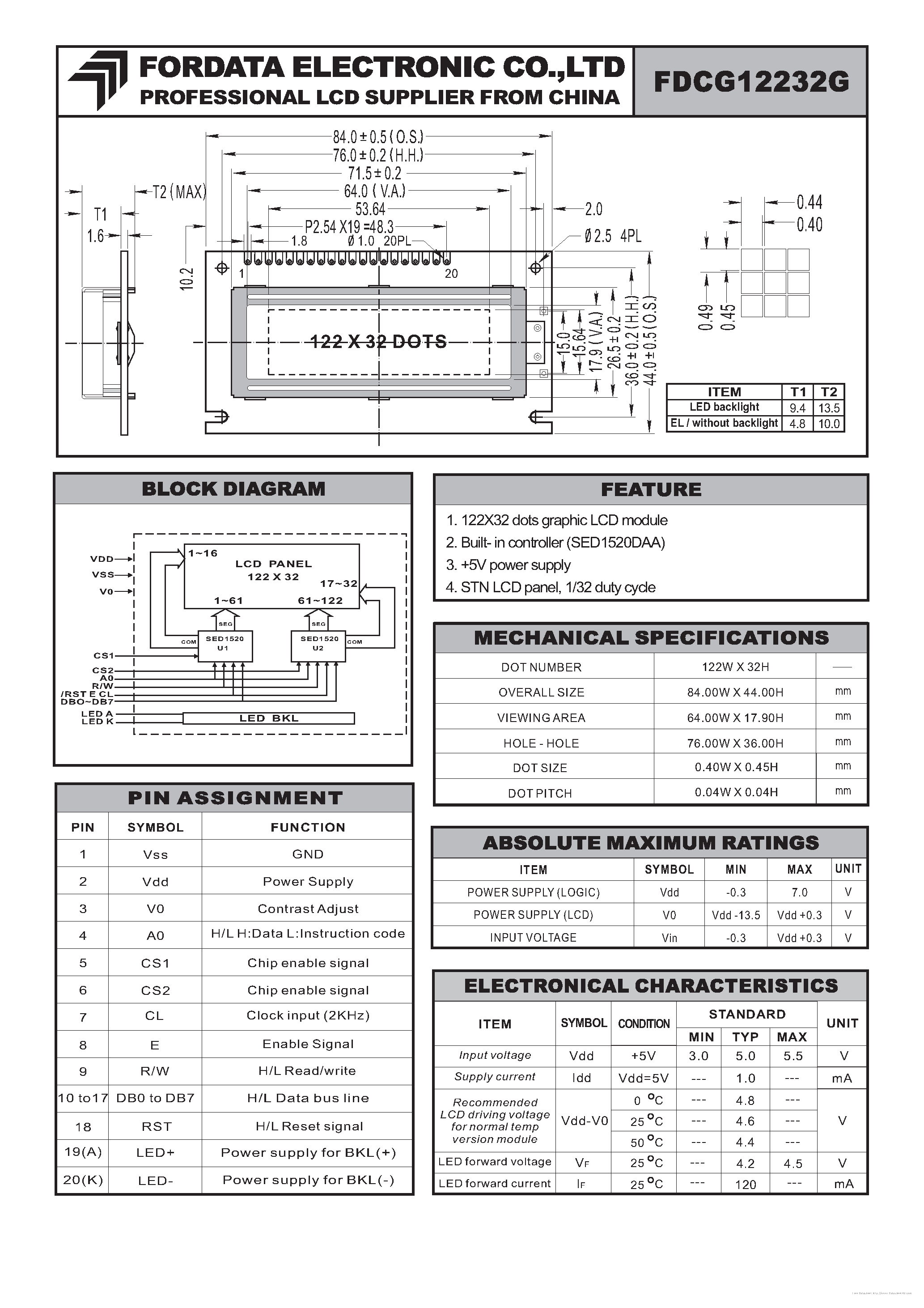 Datasheet FDCG12232G page 1 Datasheet FDCG12232G - page 1