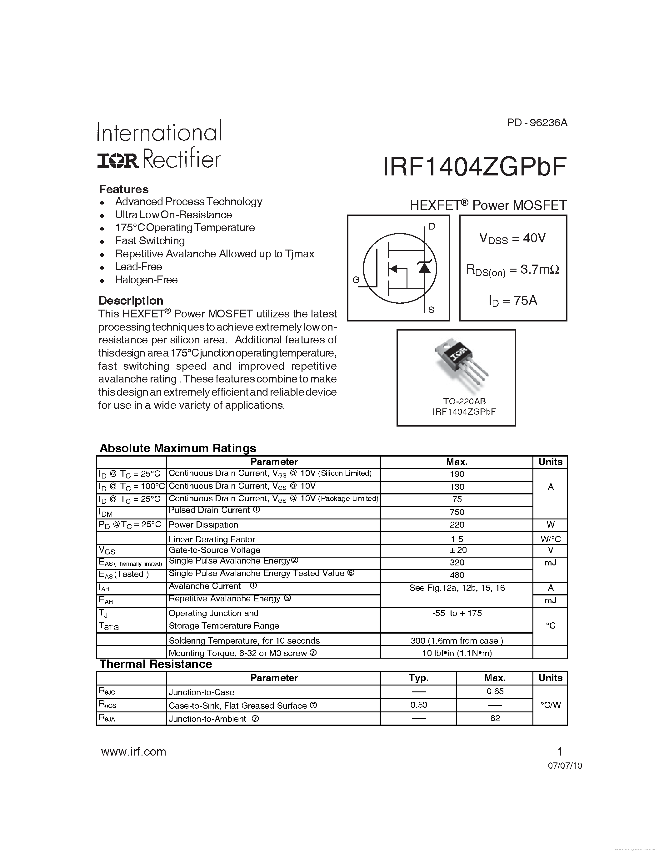 Datasheet IRF1404ZGPBF - page 1