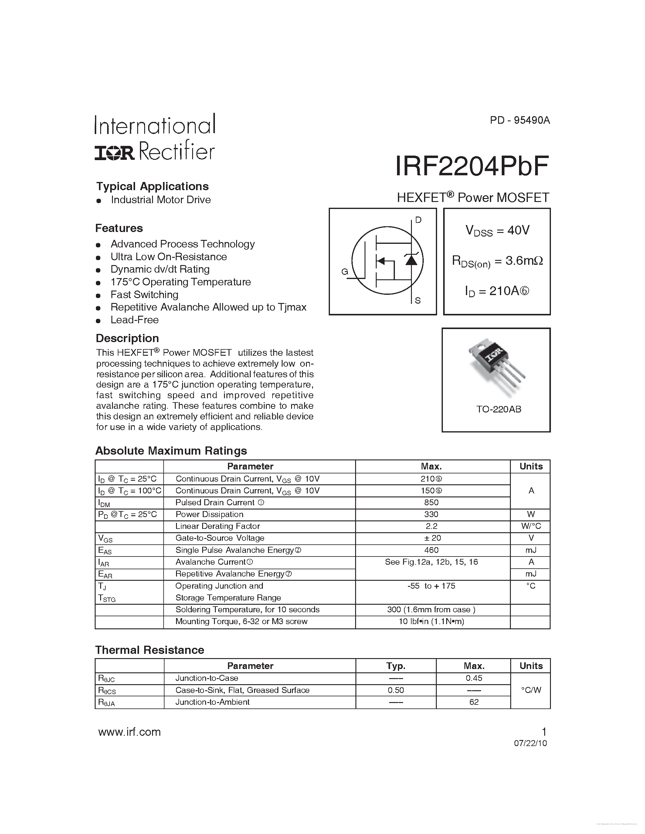 Datasheet IRF2204PBF - page 1