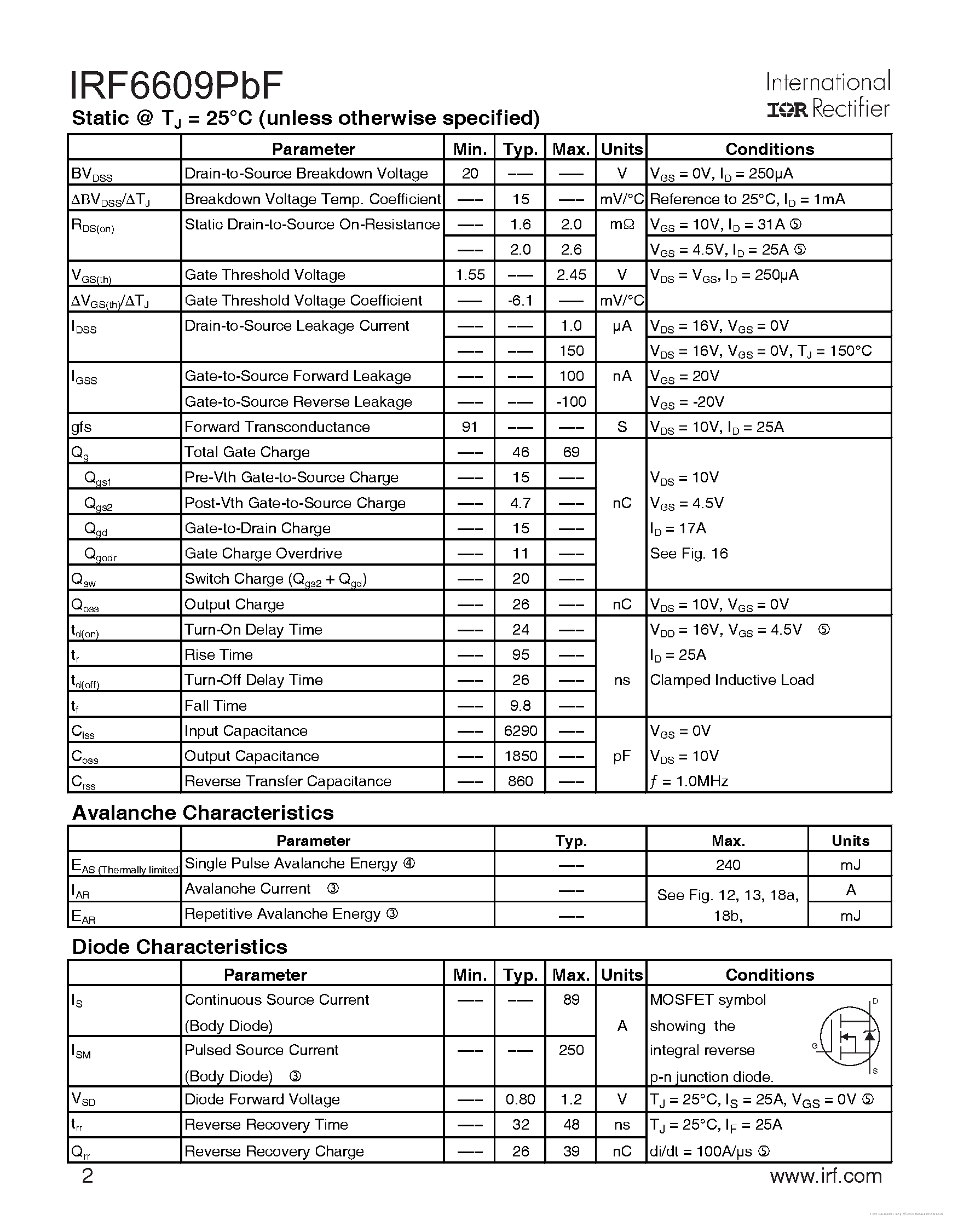 Datasheet IRF6609PBF - page 2