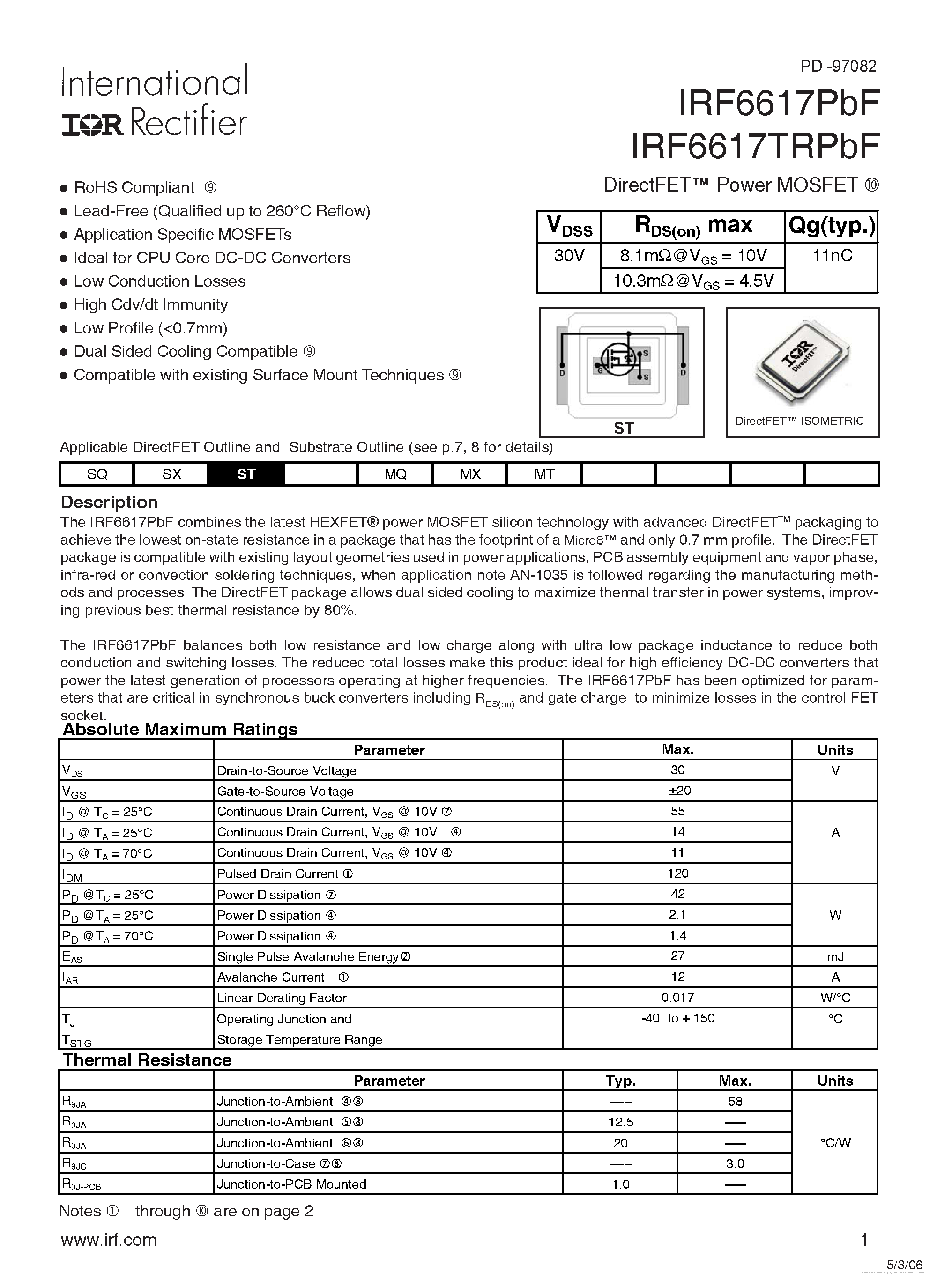 Datasheet IRF6617PBF page 1 Datasheet IRF6617PBF - page 1
