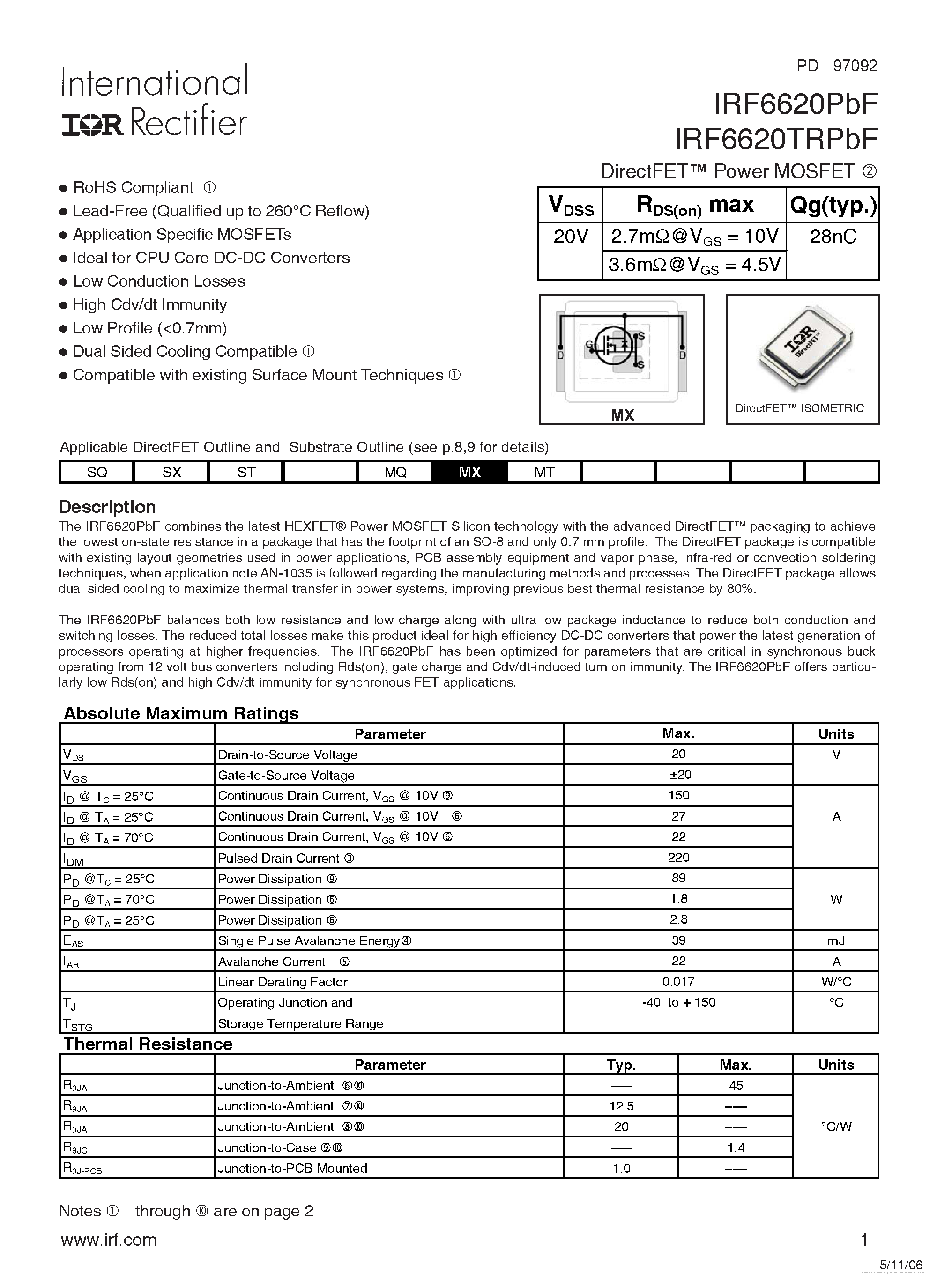 Datasheet IRF6620PBF - page 1