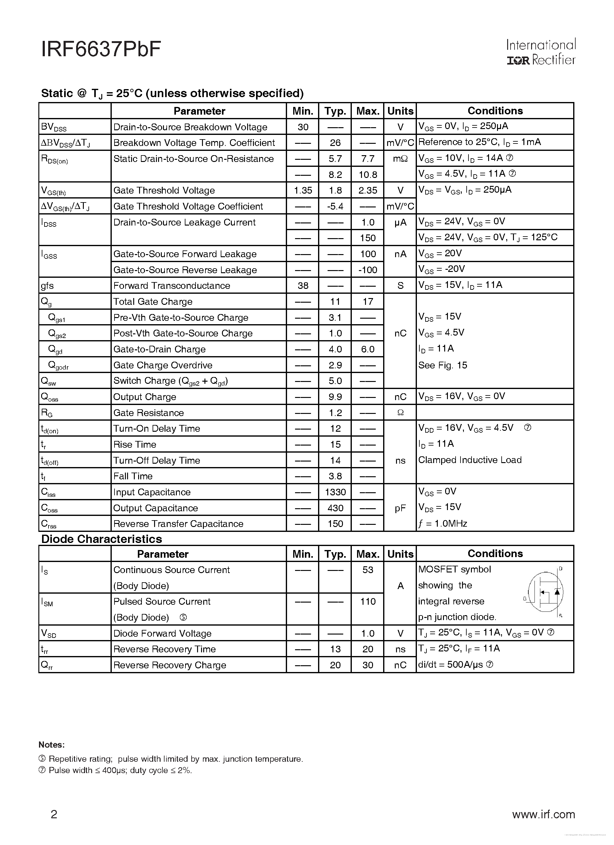 Datasheet IRF6637PBF - page 2