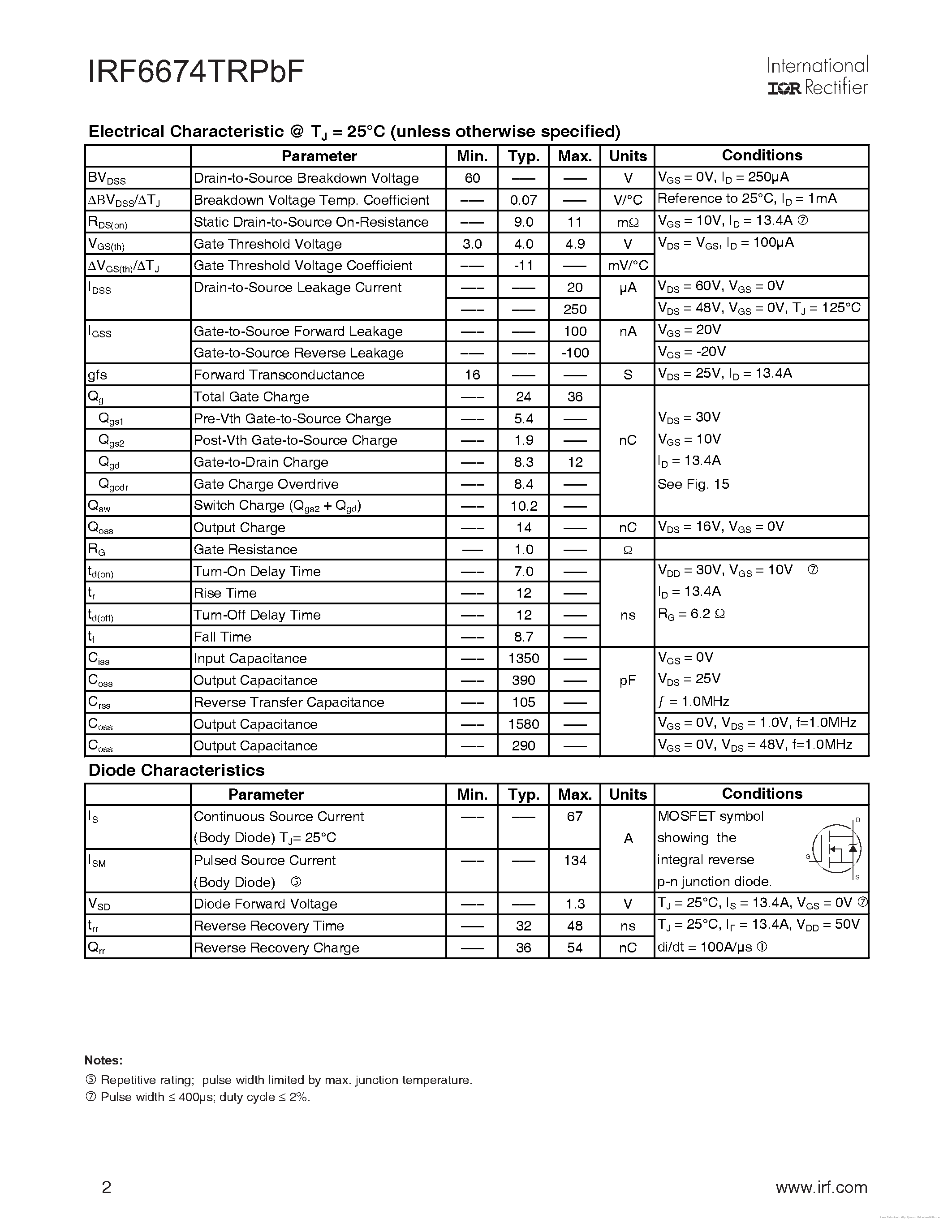 Datasheet IRF6674TRPBF page 2 Datasheet IRF6674TRPBF - page 2