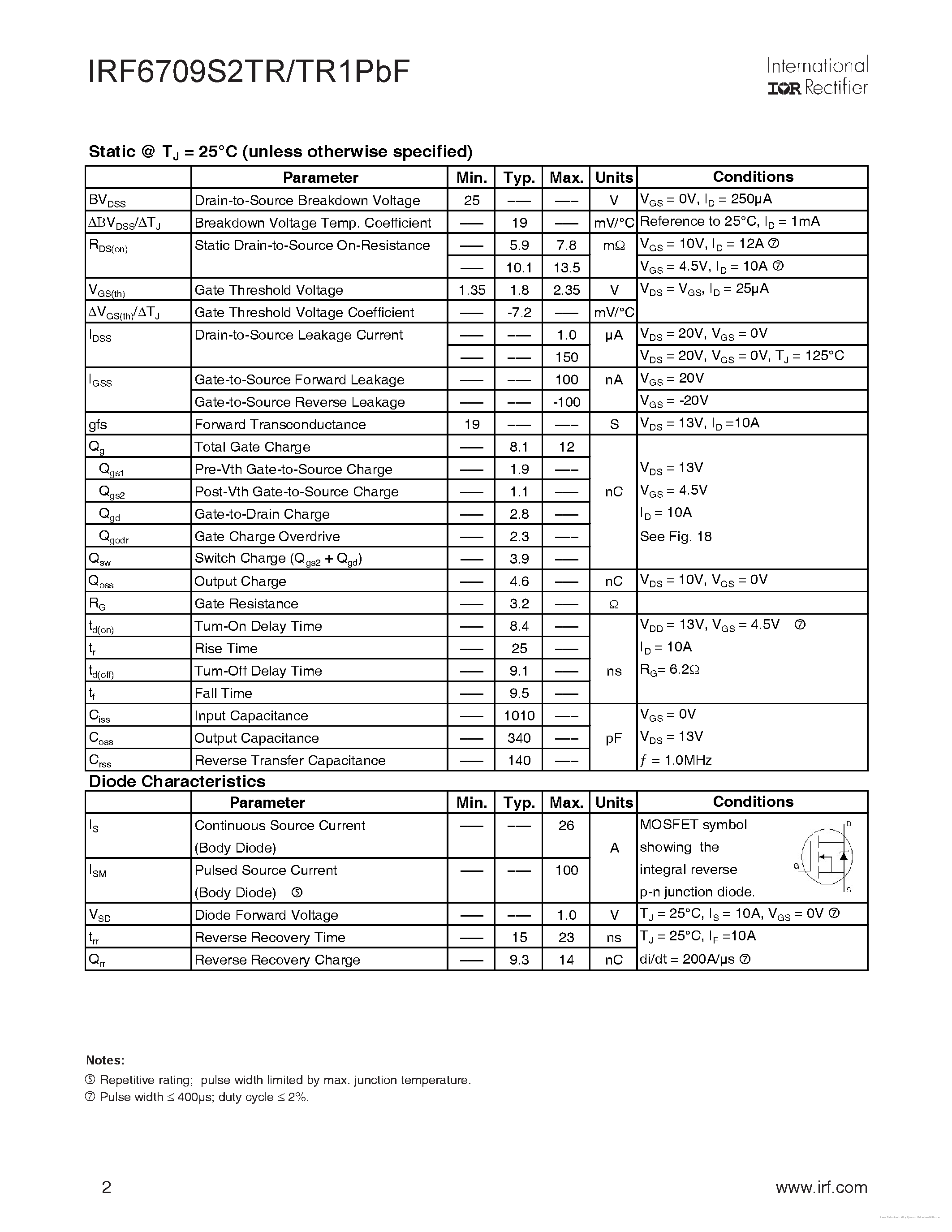 Datasheet IRF6709S2TR1PBF - page 2