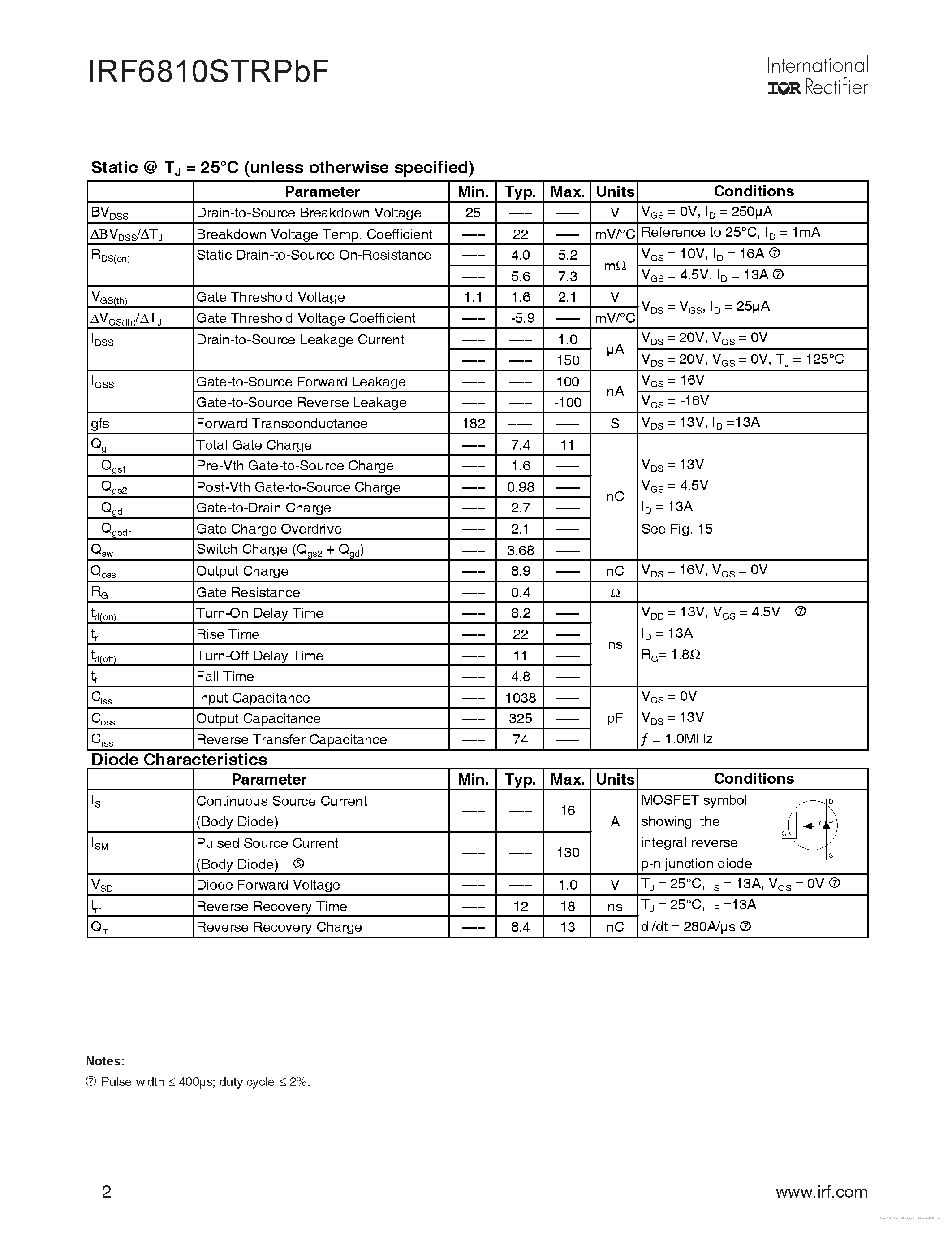 Datasheet IRF6810STR1PBF - page 2
