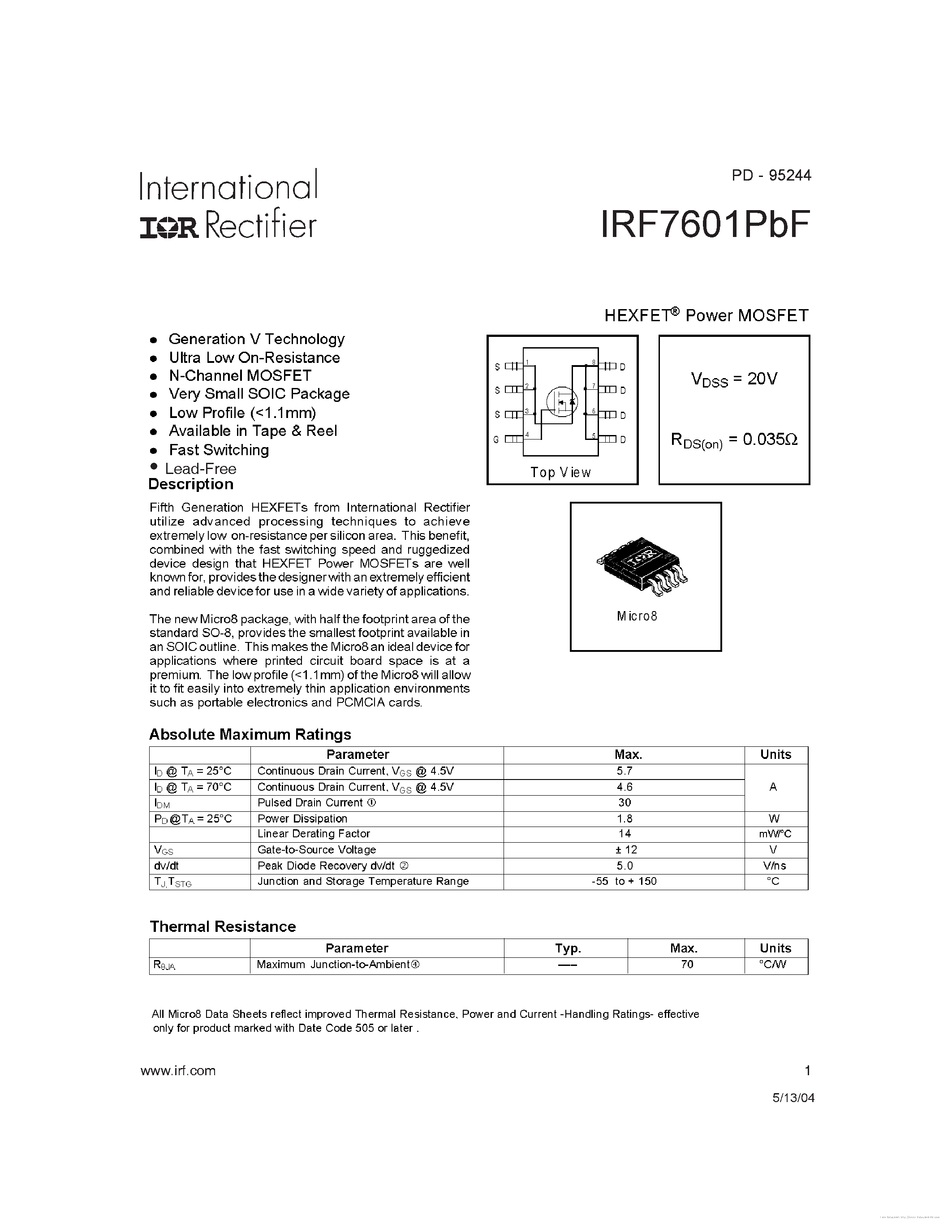 Datasheet IRF7601PBF page 1 Datasheet IRF7601PBF - page 1