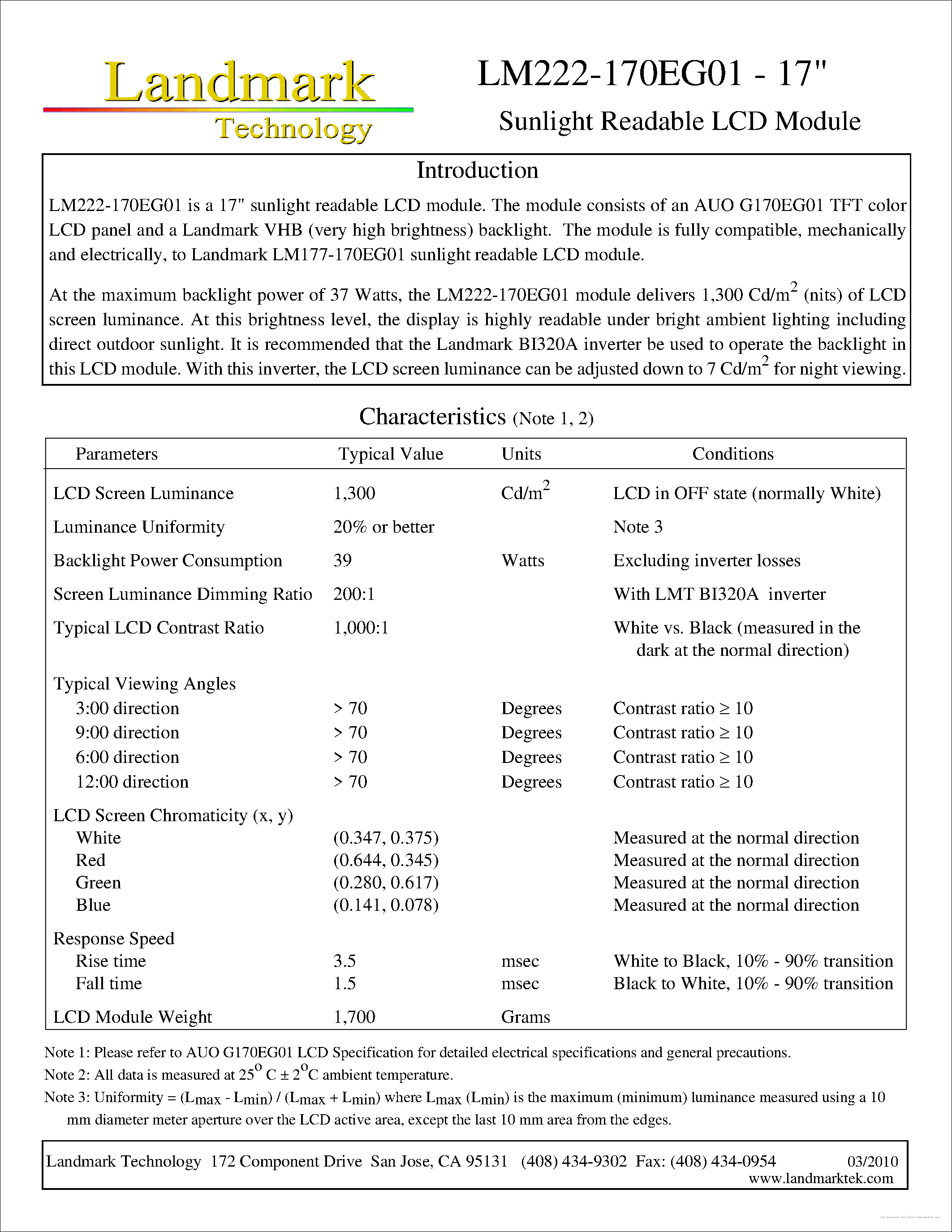 Datasheet LM222-170EG01 - page 1