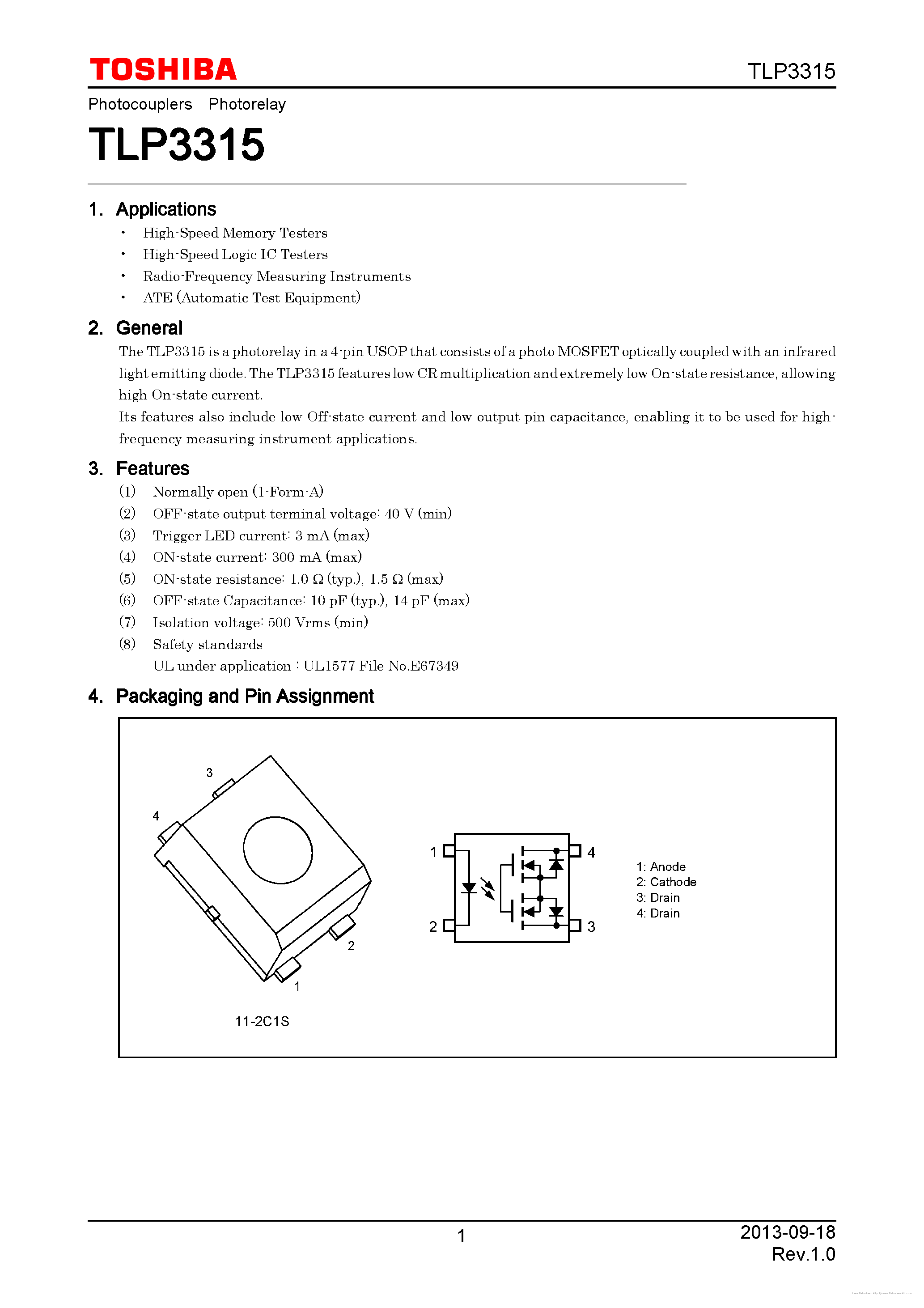 Даташит на микросхему TLP3315 страница 1 Даташит TLP3315 - страница 1