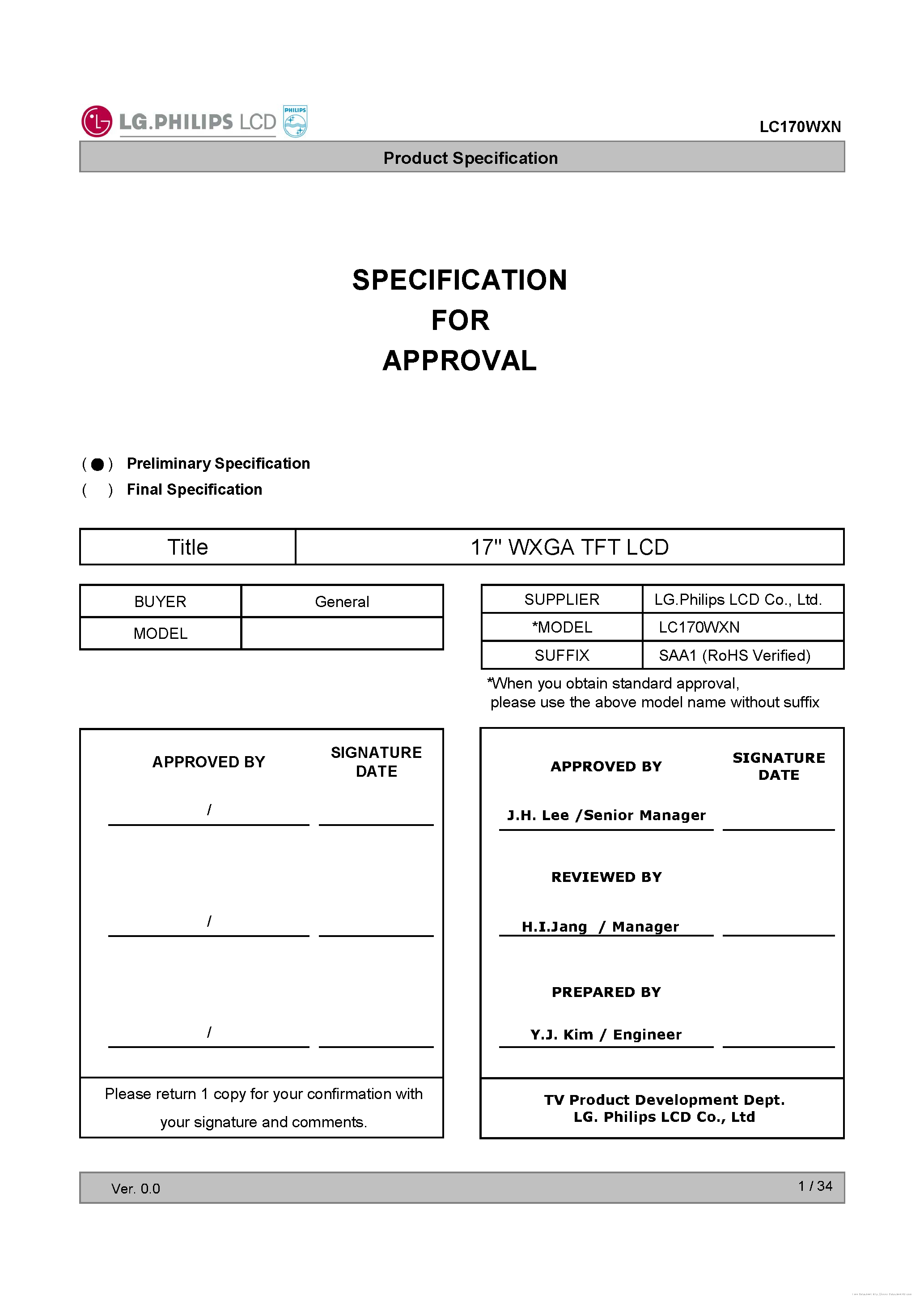 Даташит на микросхему LC170WXN-SAA1 страница 1 Даташит LC170WXN-SAA1 - страница 1