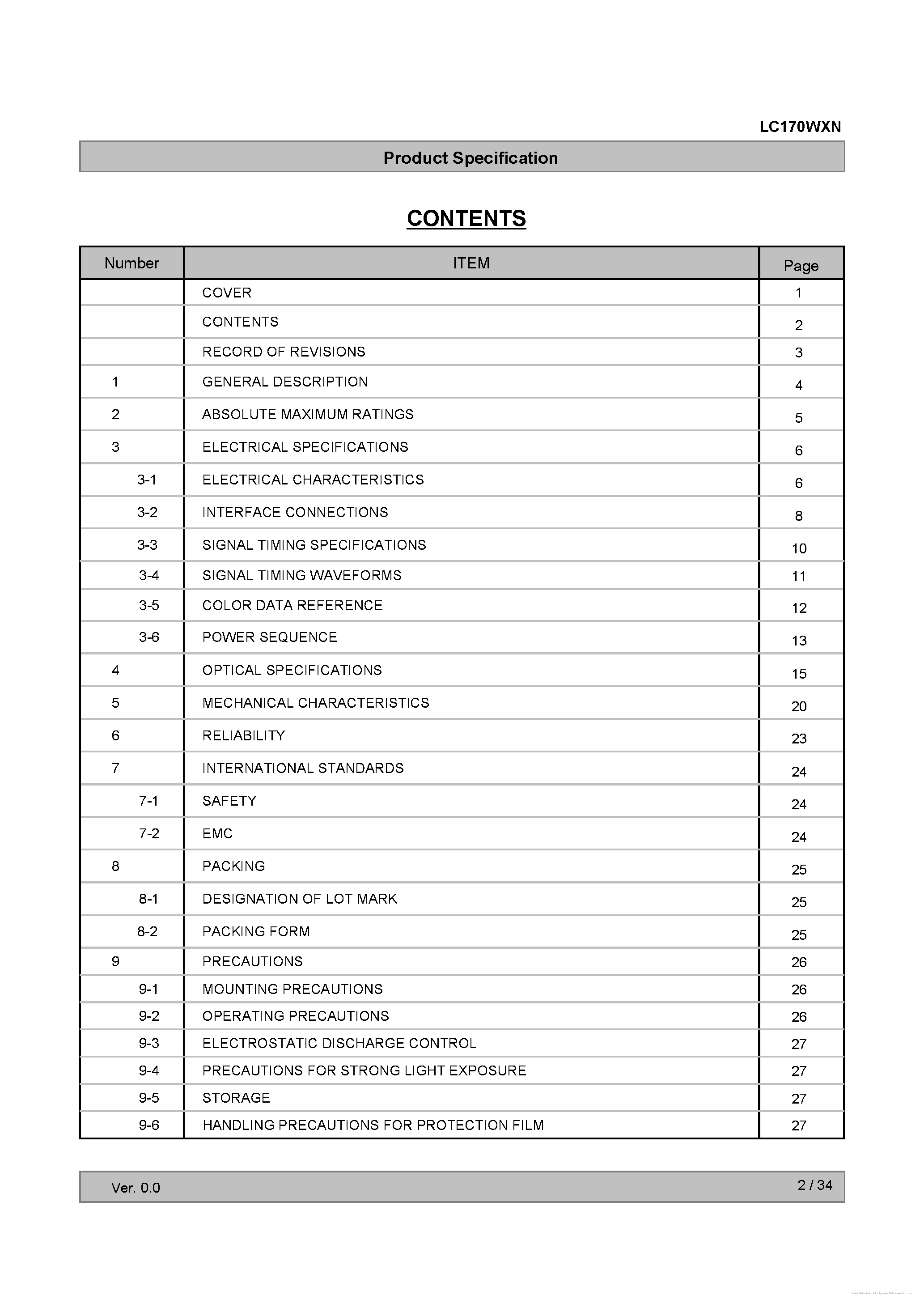 Даташит на микросхему LC170WXN-SAA1 страница 2 Даташит LC170WXN-SAA1 - страница 2