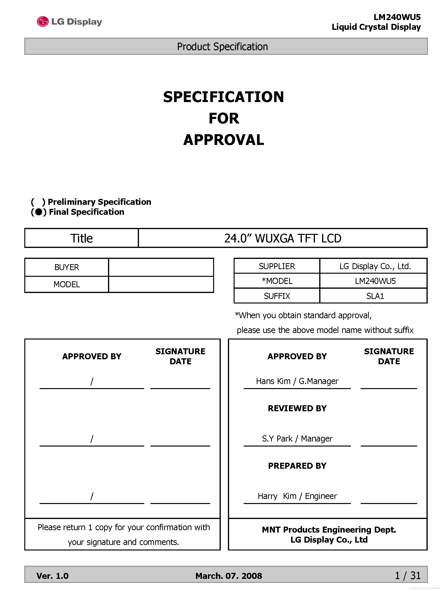 Даташит на микросхему LM240WU5-SLA1 страница 1 Даташит LM240WU5-SLA1 - страница 1