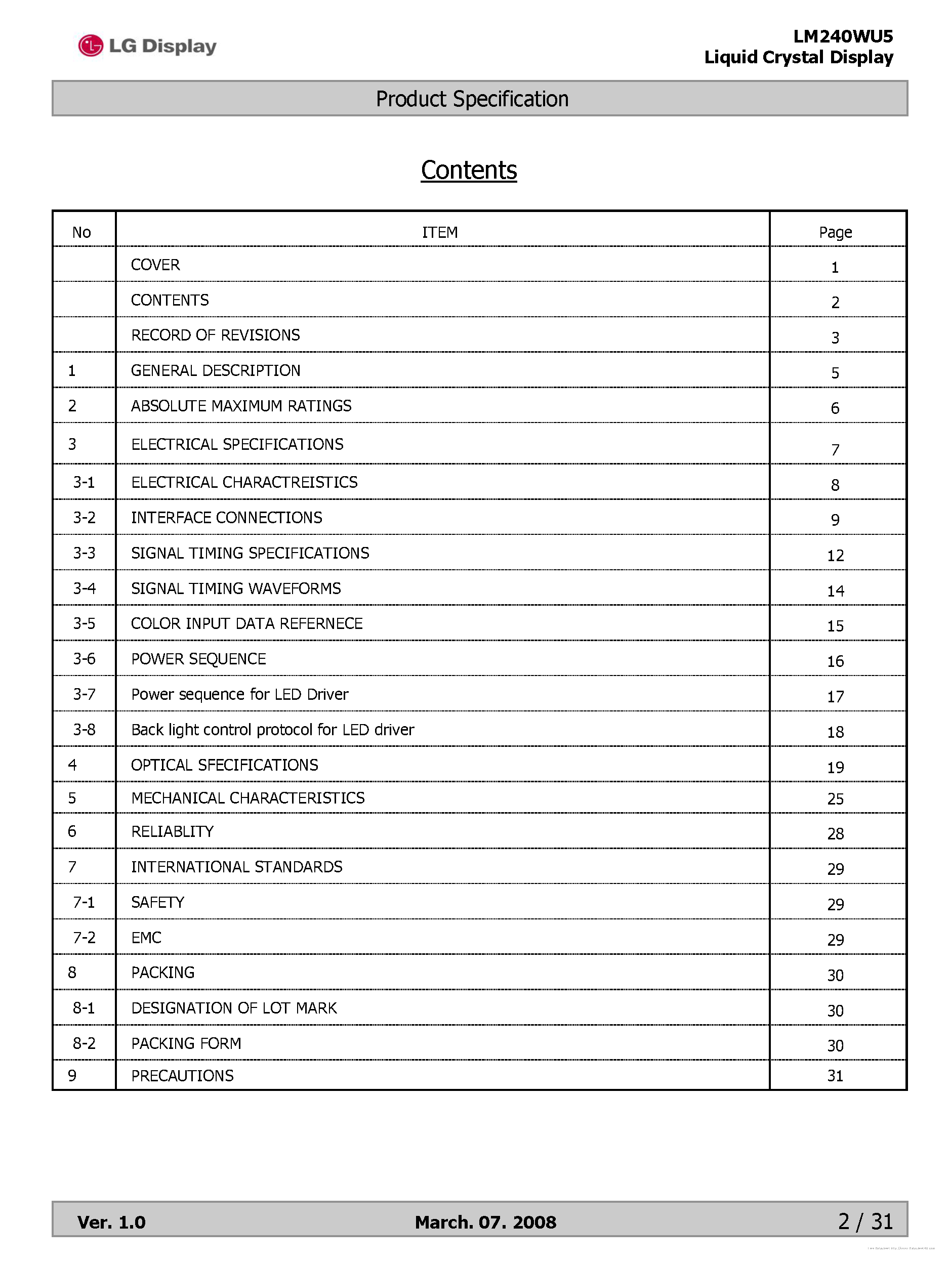 Даташит на микросхему LM240WU5-SLA1 страница 2 Даташит LM240WU5-SLA1 - страница 2