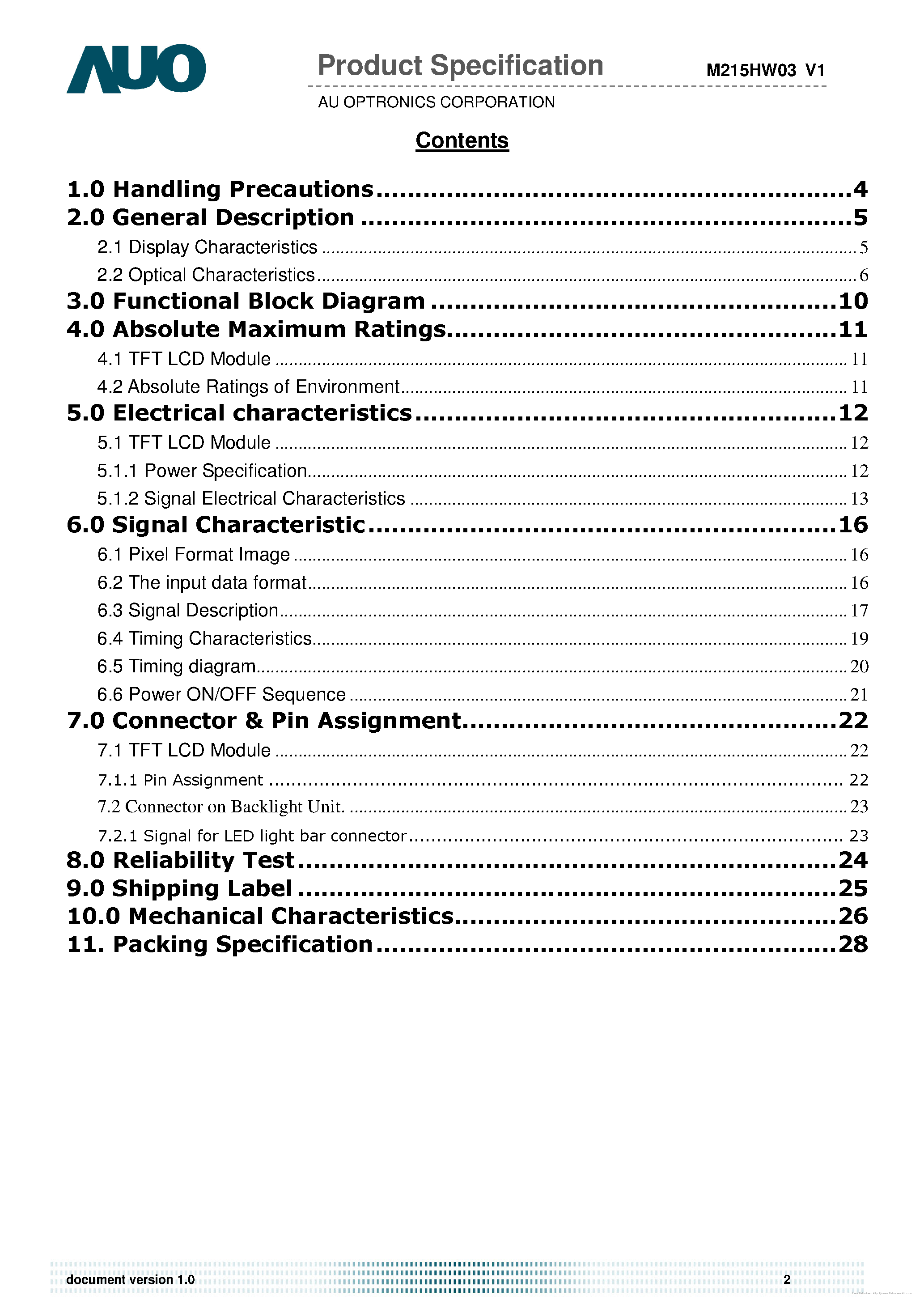Datasheet M215HW03-V1 - page 2