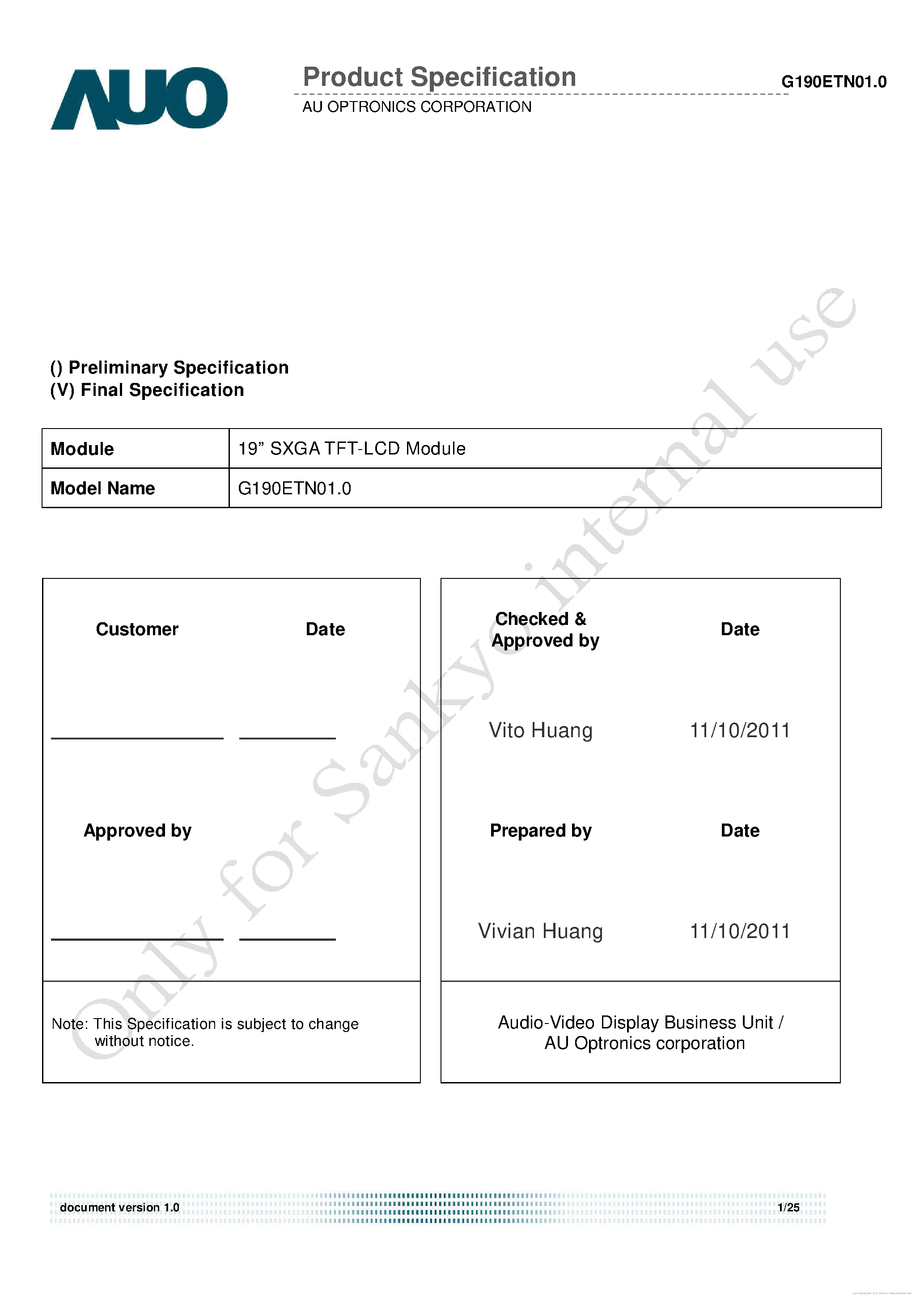 Datasheet G190ETN01.0 - page 1