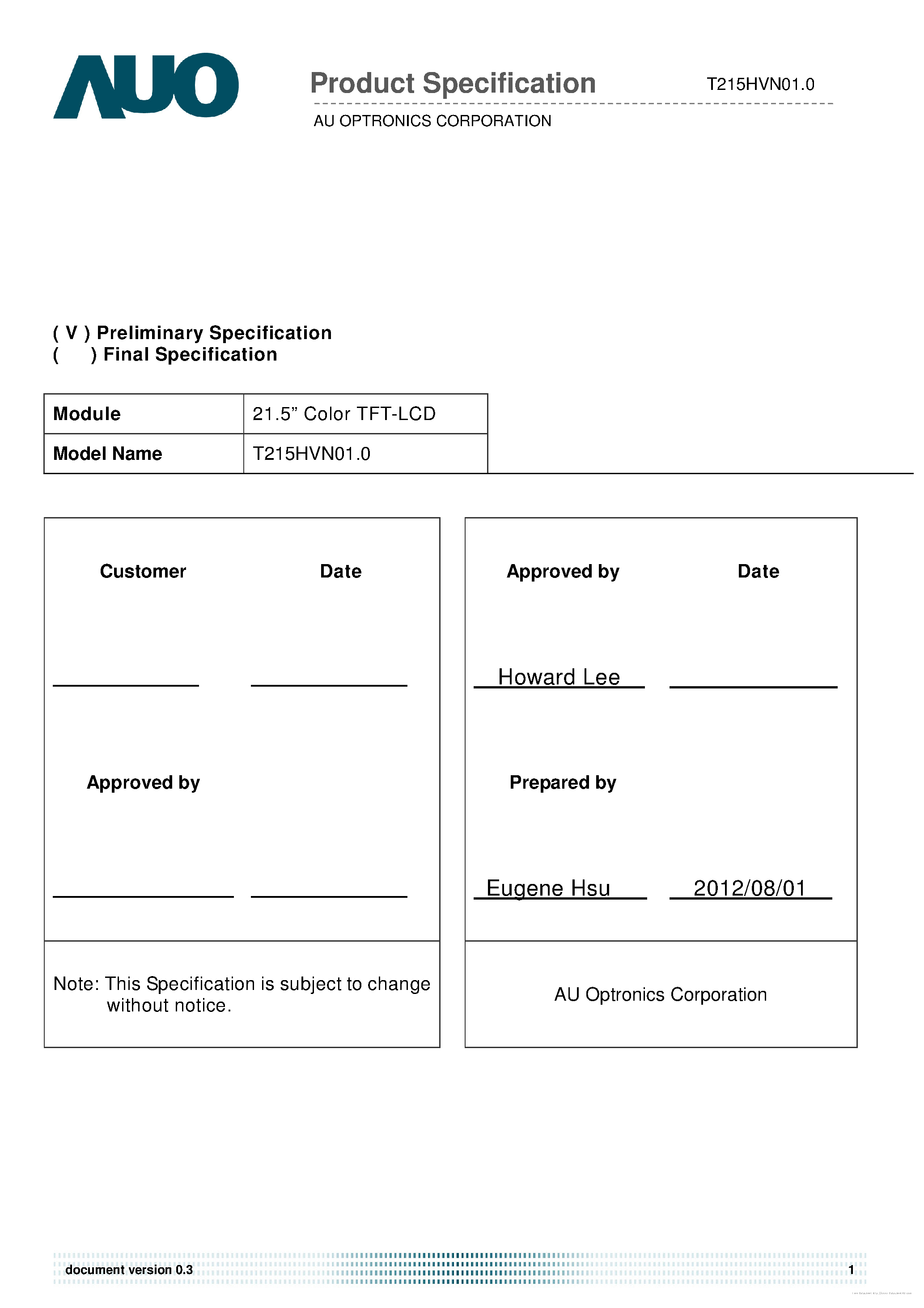 Datasheet T215HVN01.0 - page 1