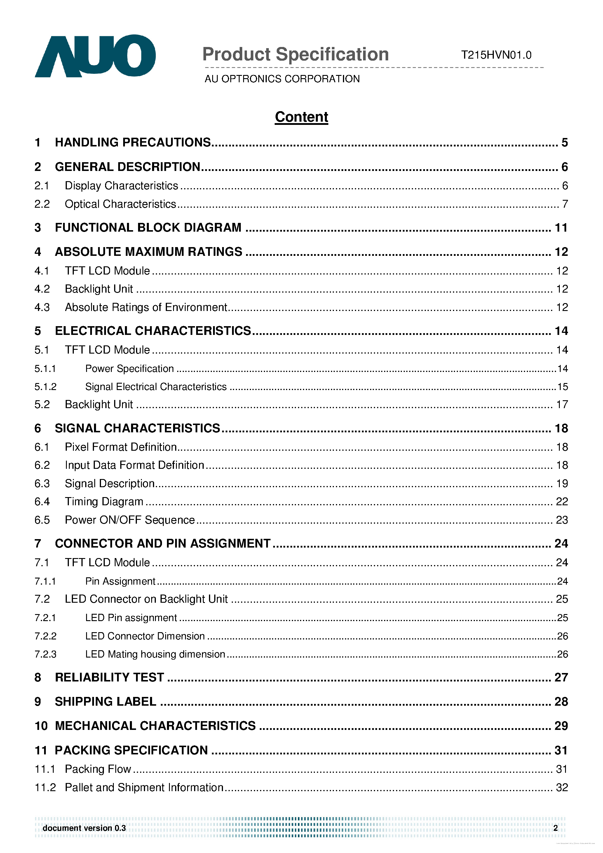 Datasheet T215HVN01.0 - page 2