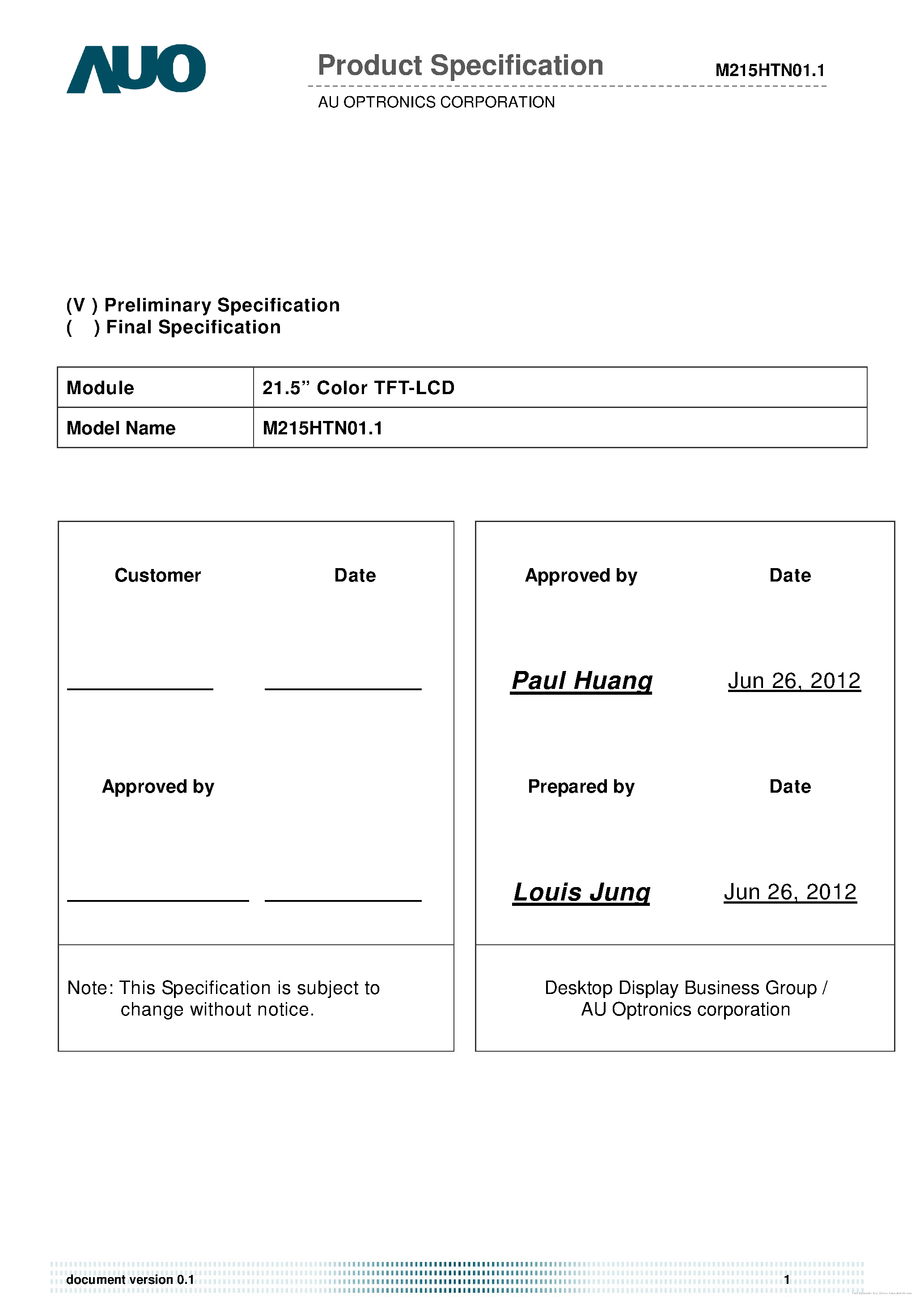 Datasheet M215HTN01.1 - page 1