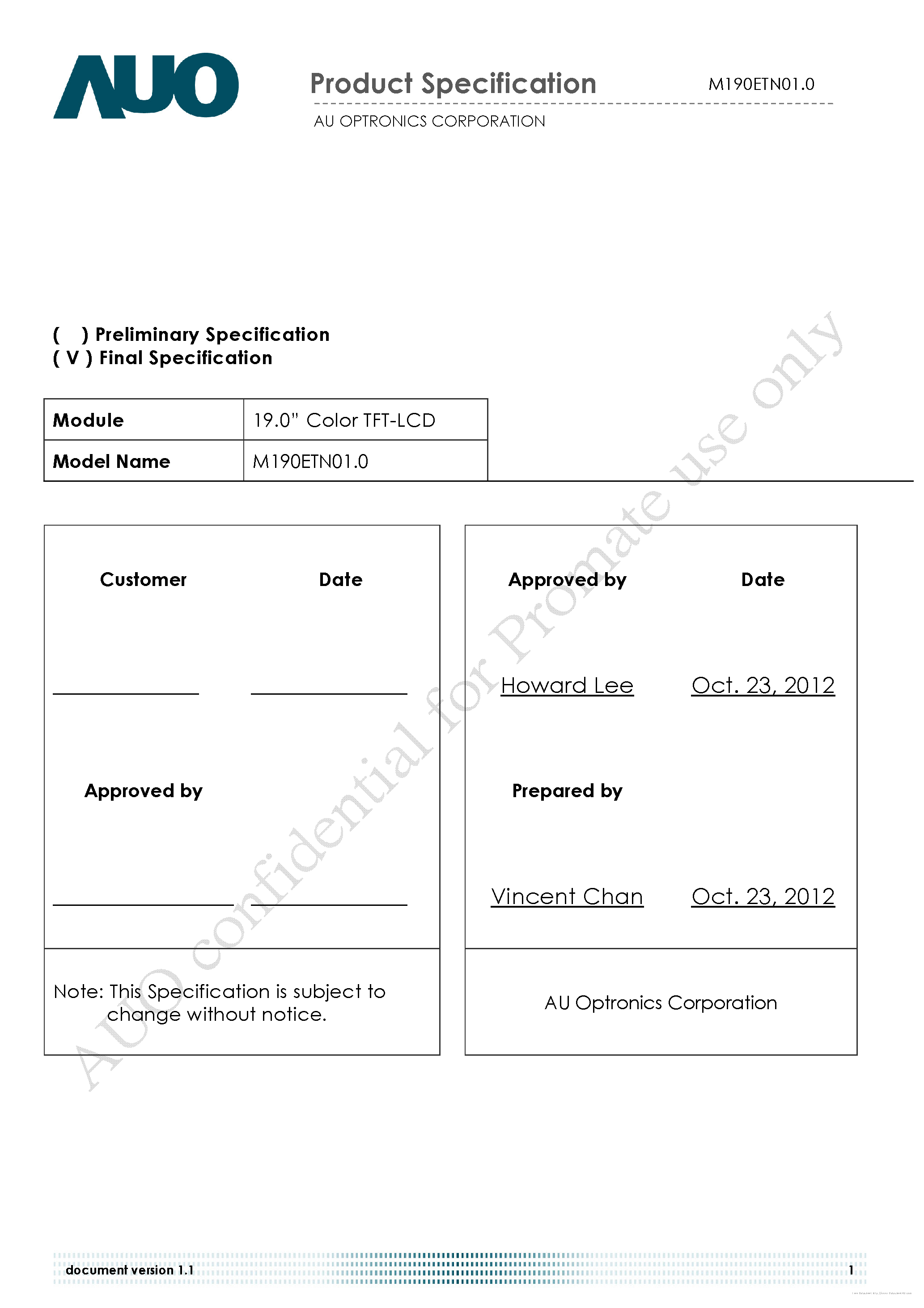Datasheet M190ETN01.0 - page 1