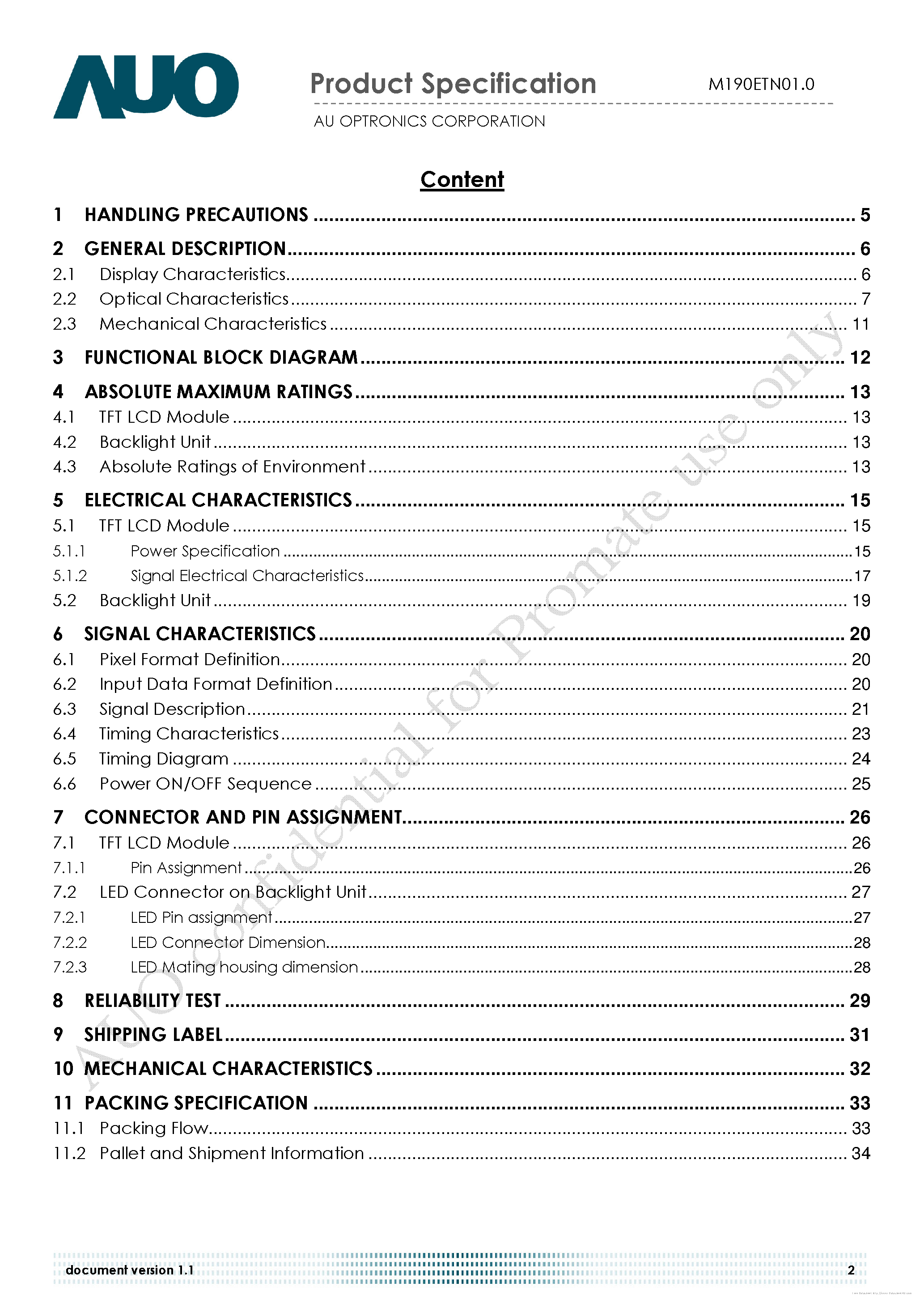 Datasheet M190ETN01.0 - page 2