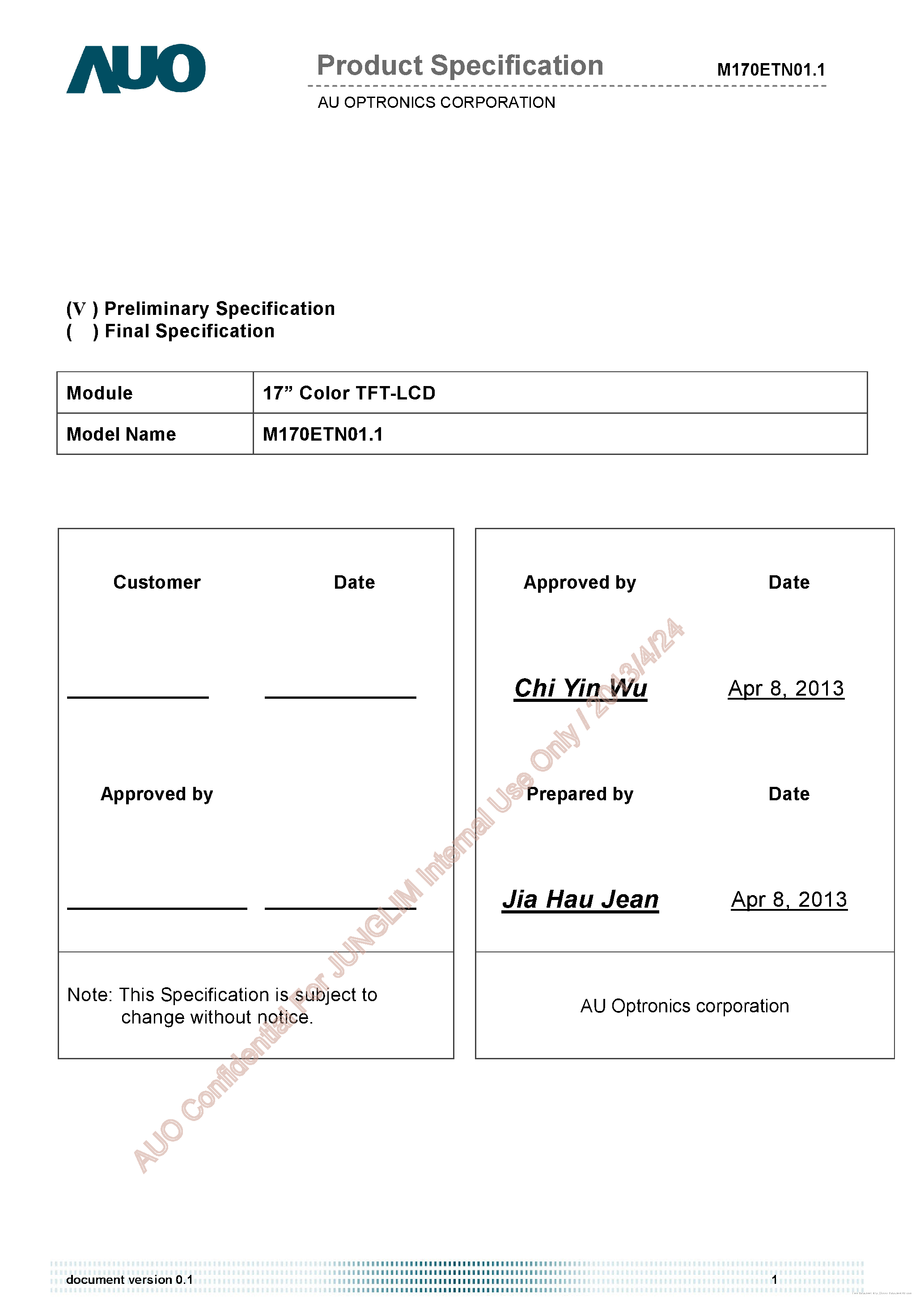 Datasheet M170ETN01.1 - page 1