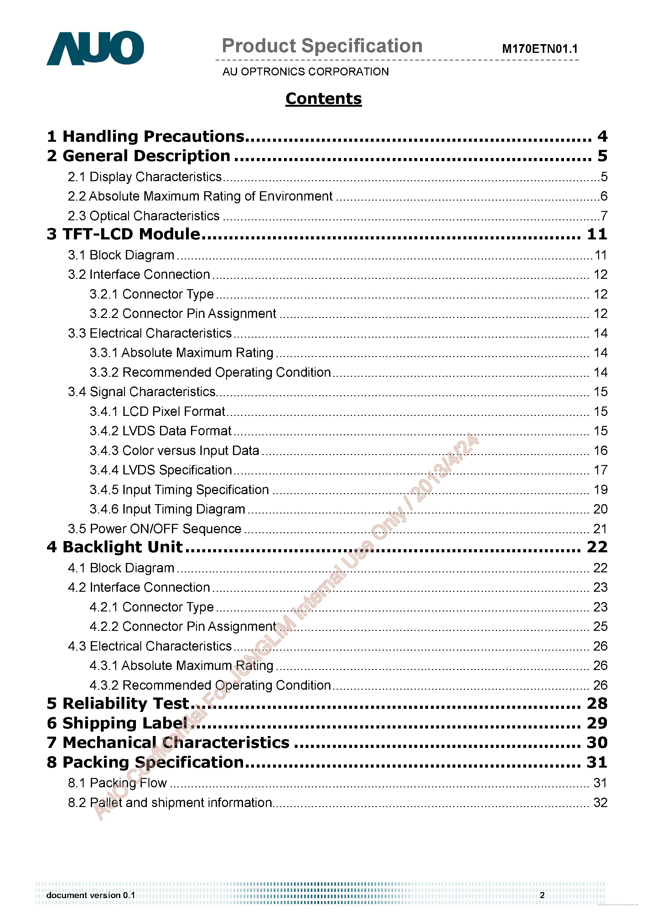 Datasheet M170ETN01.1 - page 2