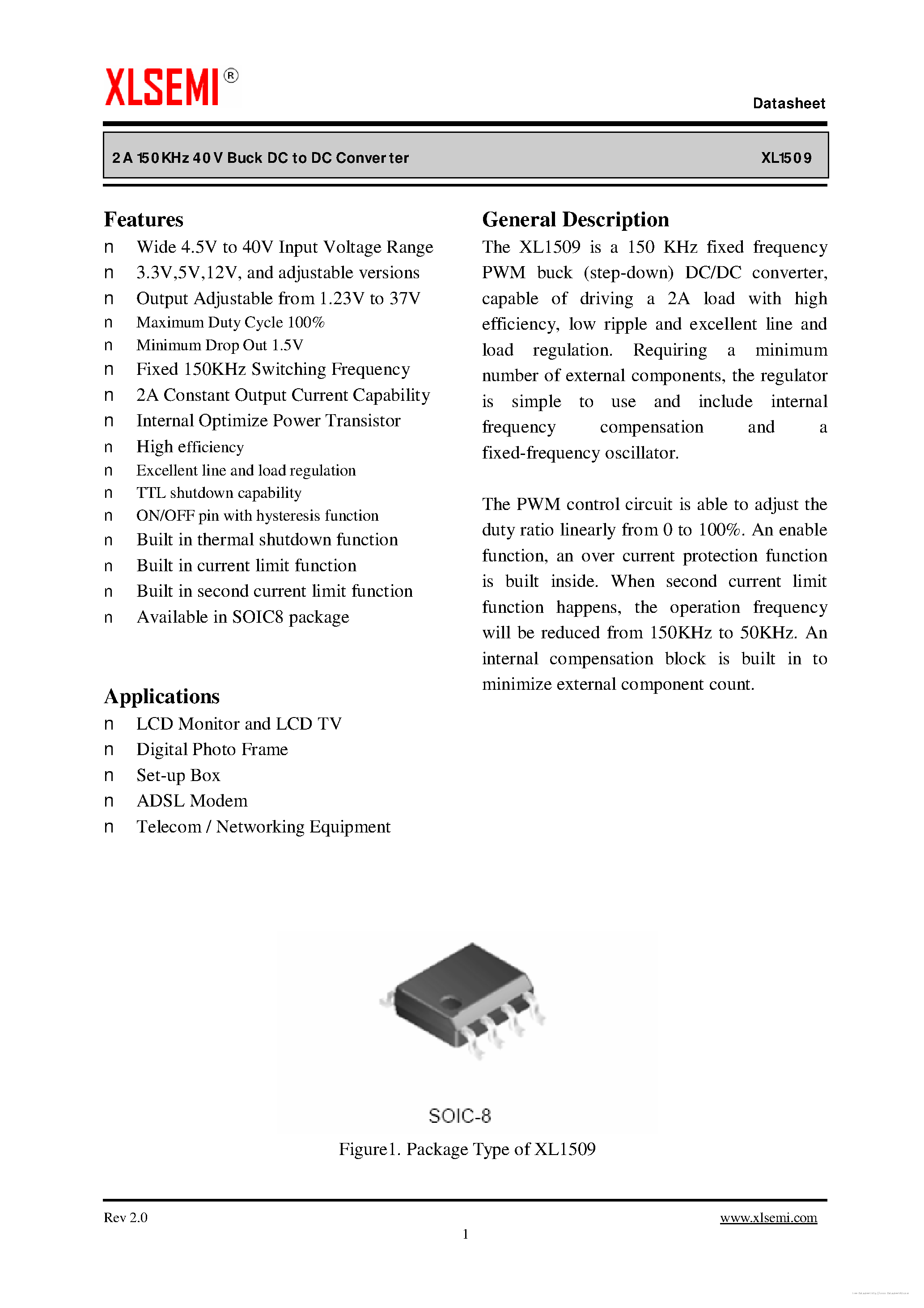 Даташит на микросхему XL1509 страница 1 Даташит XL1509 - страница 1