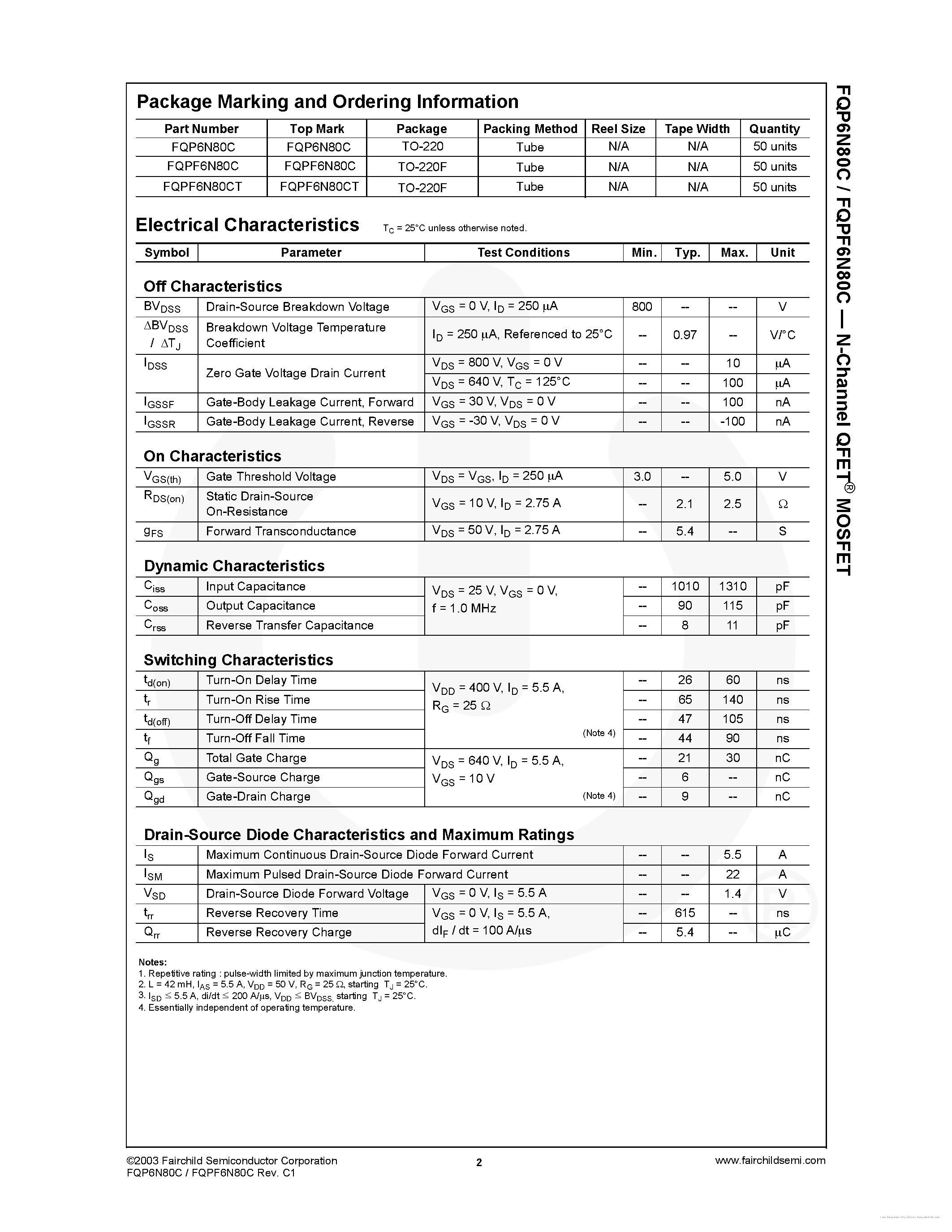 Datasheet FQP6N80C - page 2